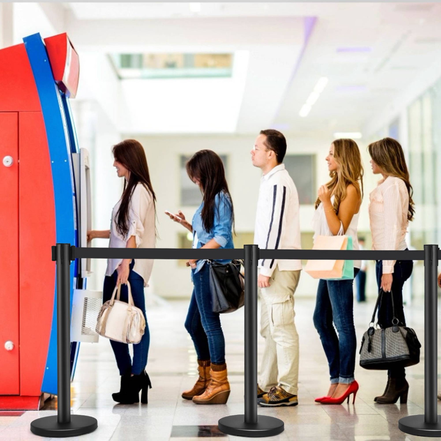 Costway 6Pcs Black Stanchion Posts Queue Pole Retractable Belt Crowd Control Barrier