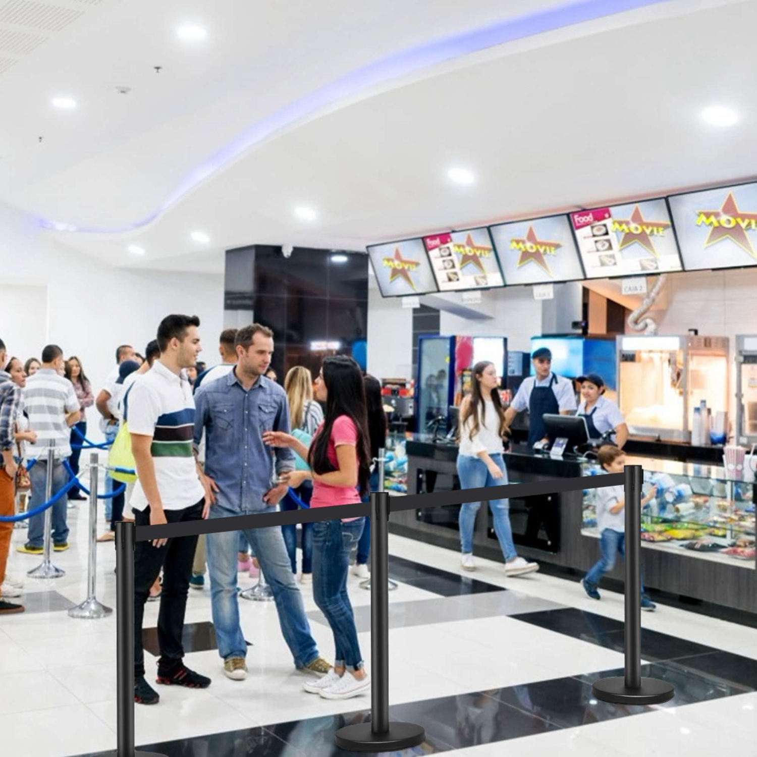 Costway 6Pcs Black Stanchion Posts Queue Pole Retractable Belt Crowd Control Barrier