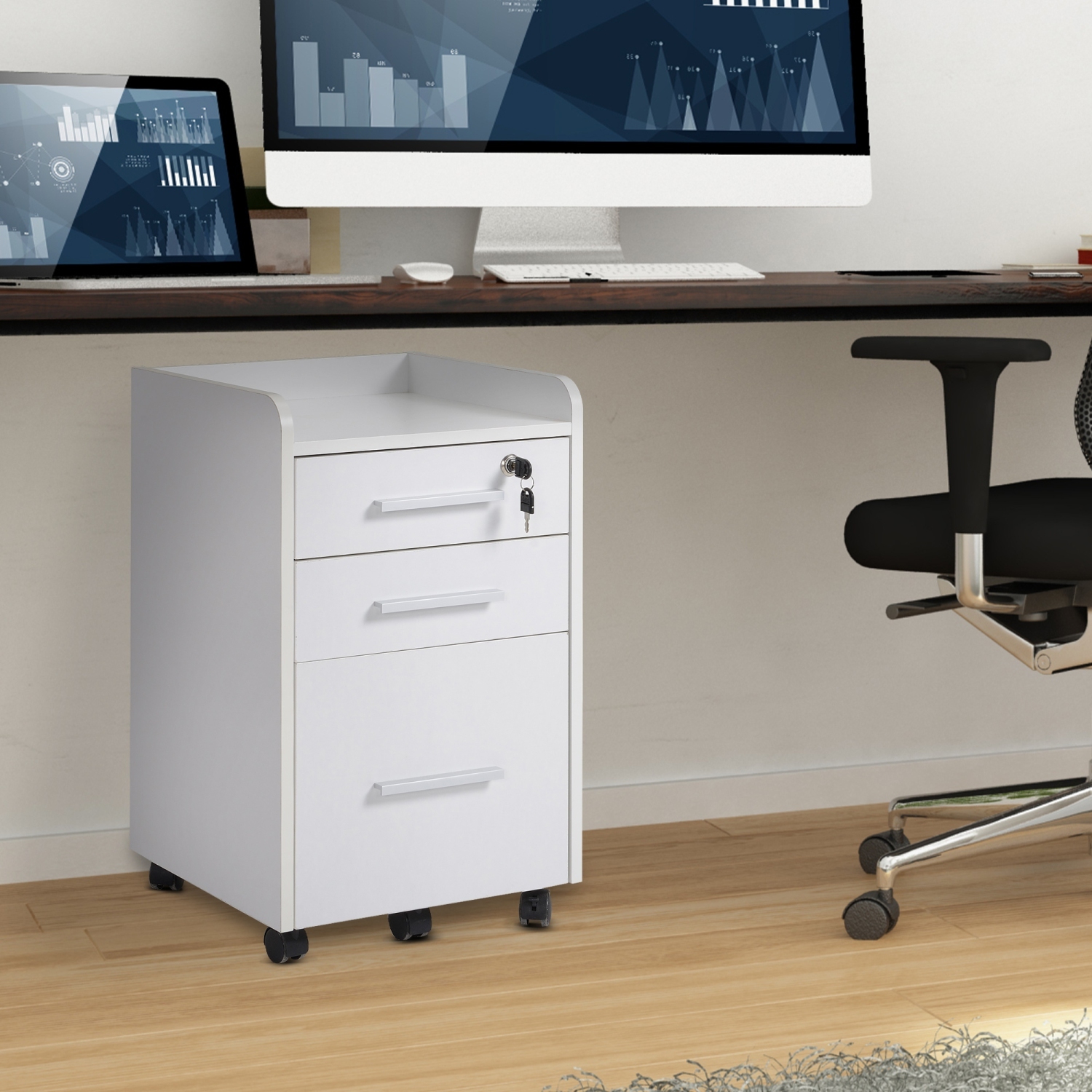 HOMCOM – Classeur à 3 tiroirs avec verrou et rebord supérieur, classeur verrouillable sur roulettes pour format lettre et A4, blanc