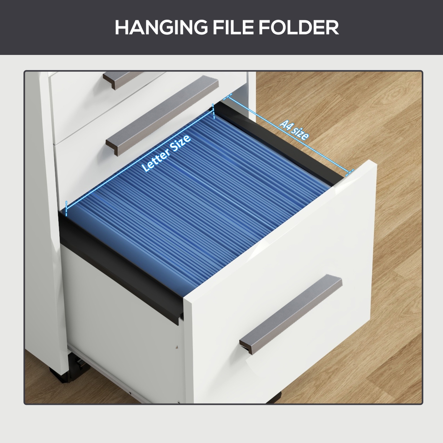 HOMCOM – Classeur à 3 tiroirs avec verrou et rebord supérieur, classeur verrouillable sur roulettes pour format lettre et A4, blanc