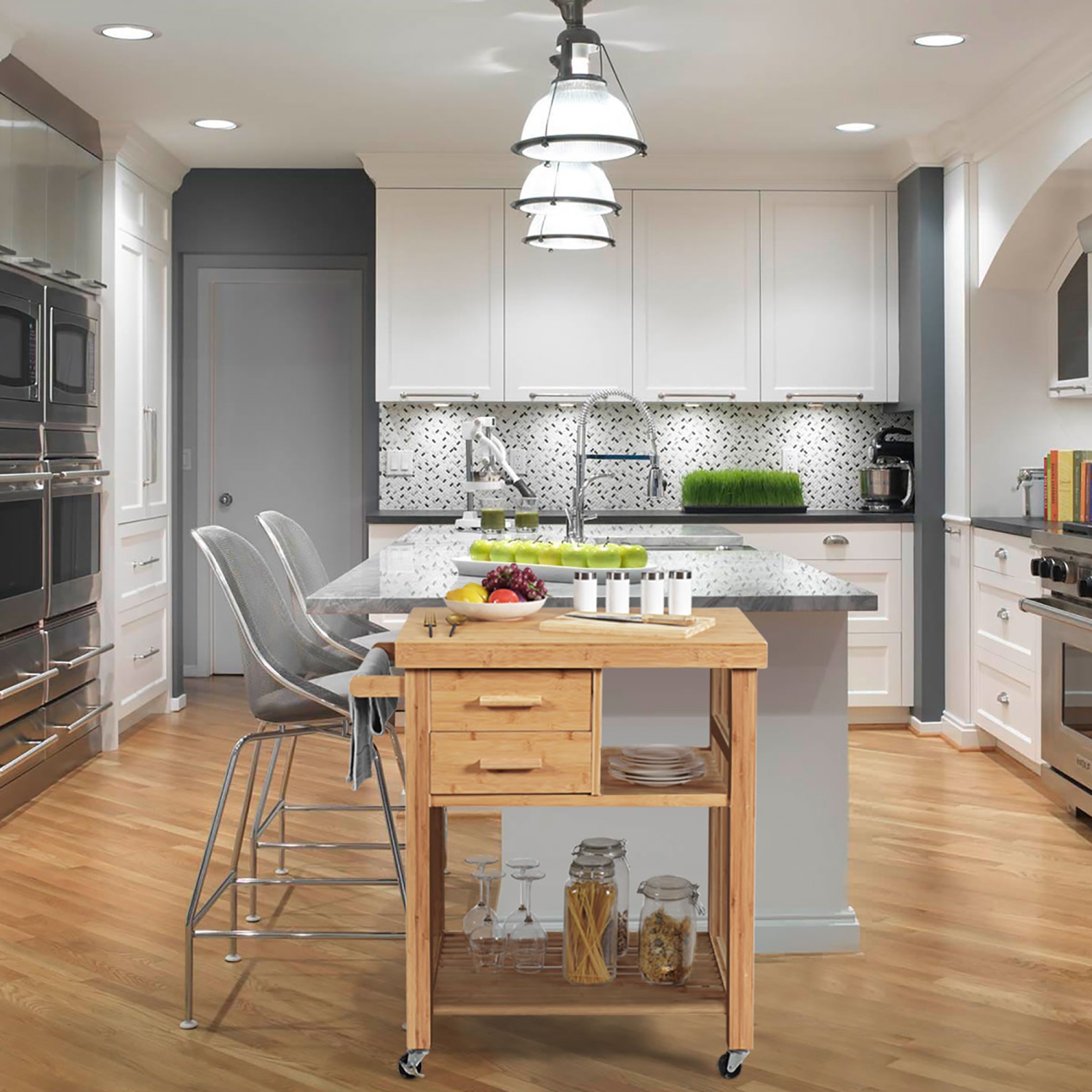 Costway Bamboo Kitchen Trolley Cart Wood Rolling Island w/ Tower Rack & Drawers