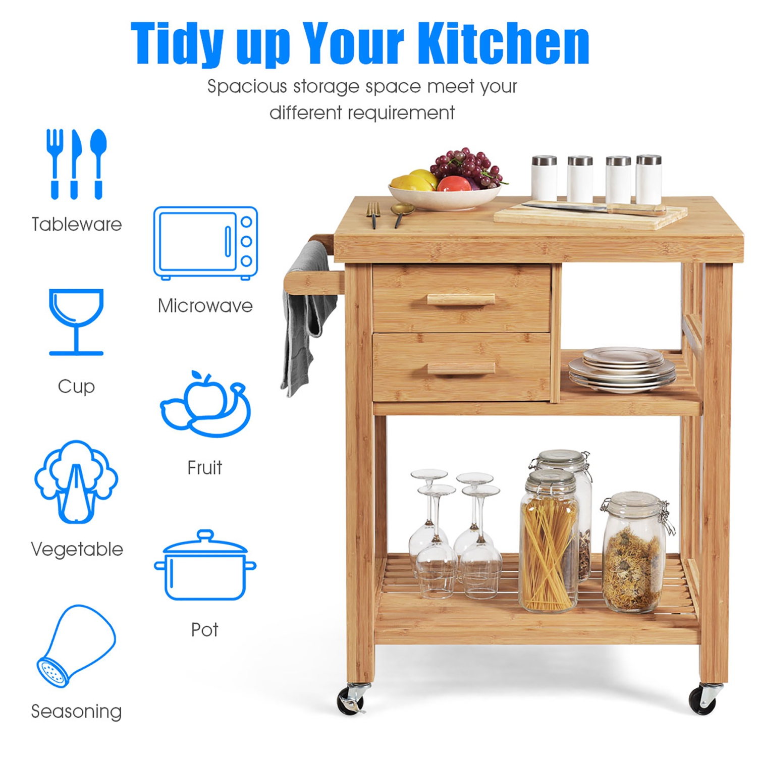 Costway Bamboo Kitchen Trolley Cart Wood Rolling Island w/ Tower Rack & Drawers
