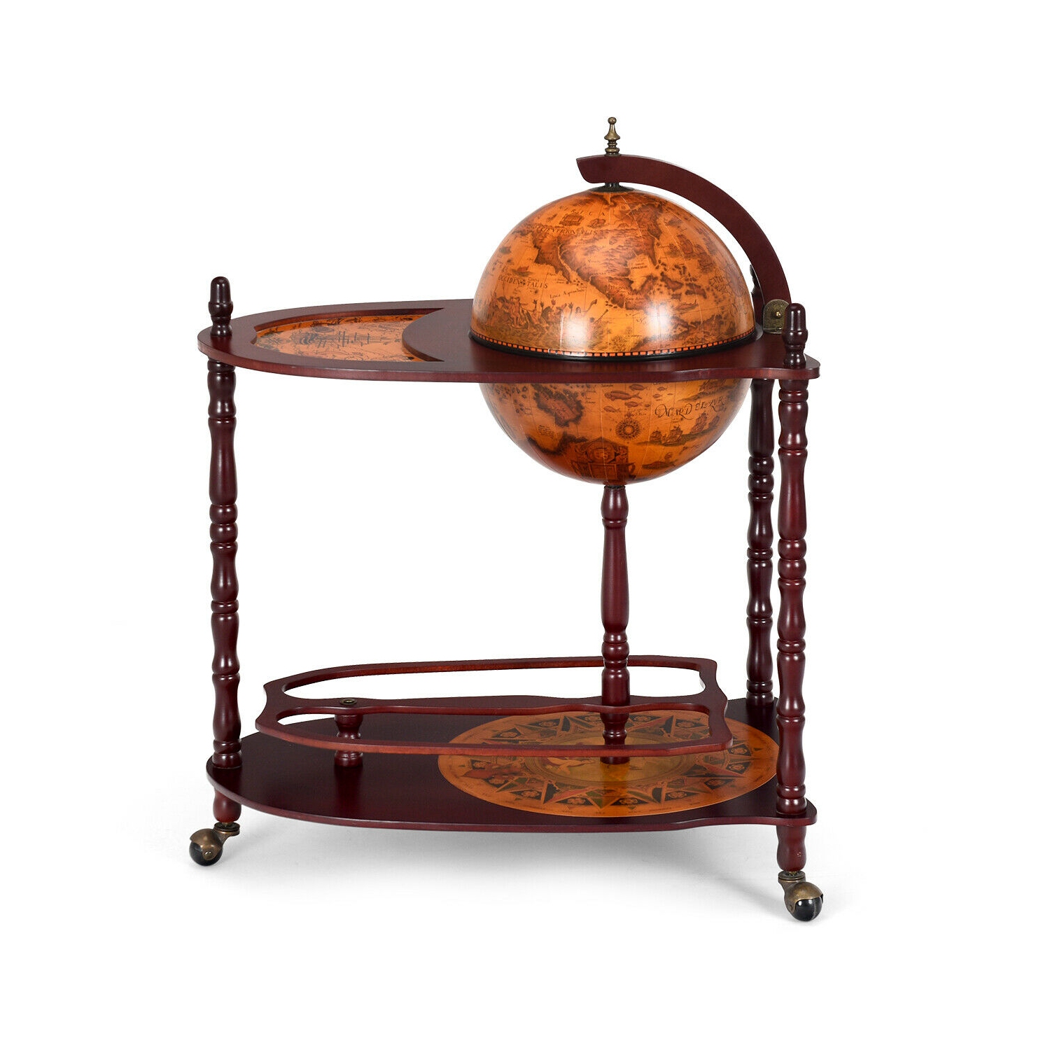 Costway Wood Globe Wine Bar Stand 34'' H 16th Century Italian Rack Liquor Bottle Shelf