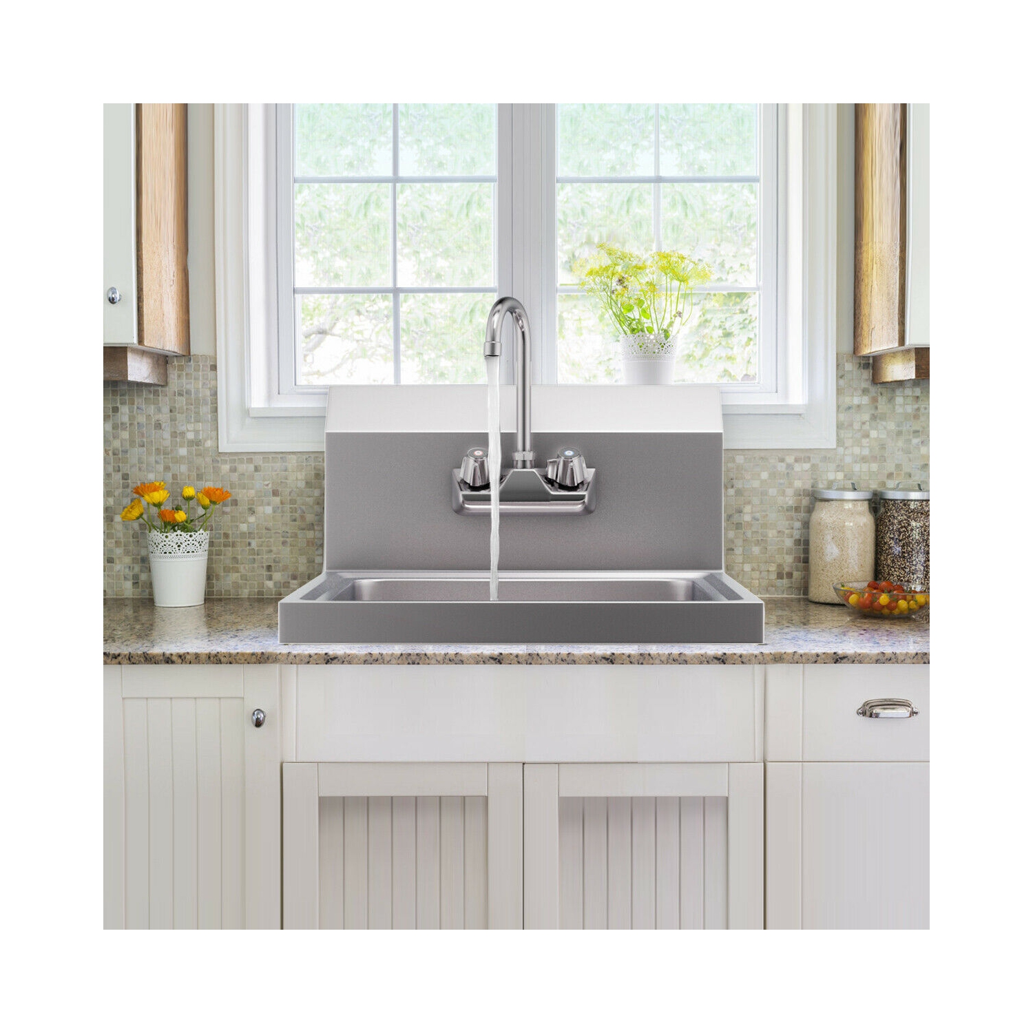 Costway Commercial Stainless Steel Wall Mount Hand Washing Wash Sink Basin with Faucet