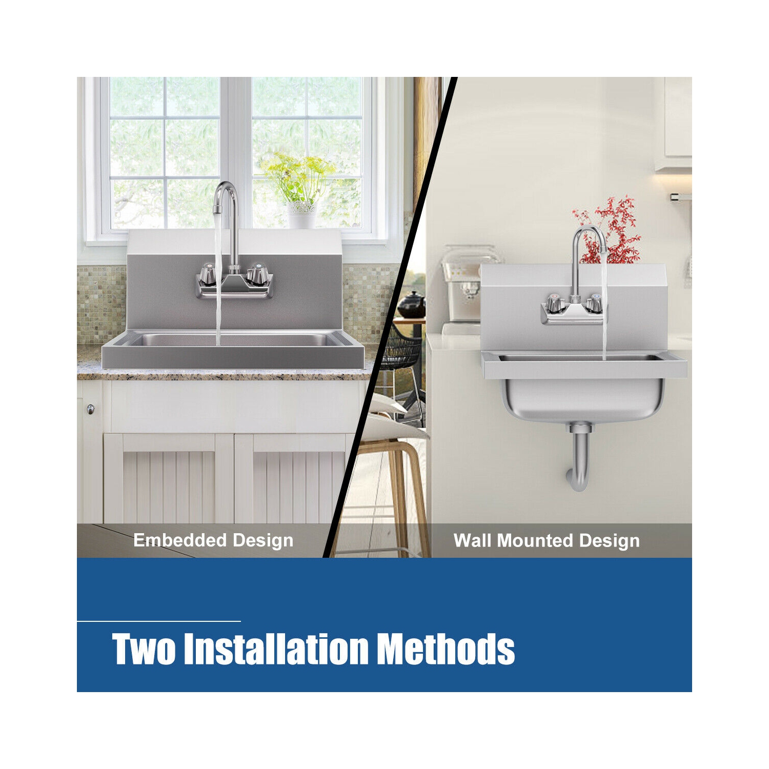 Costway Commercial Stainless Steel Wall Mount Hand Washing Wash Sink Basin with Faucet