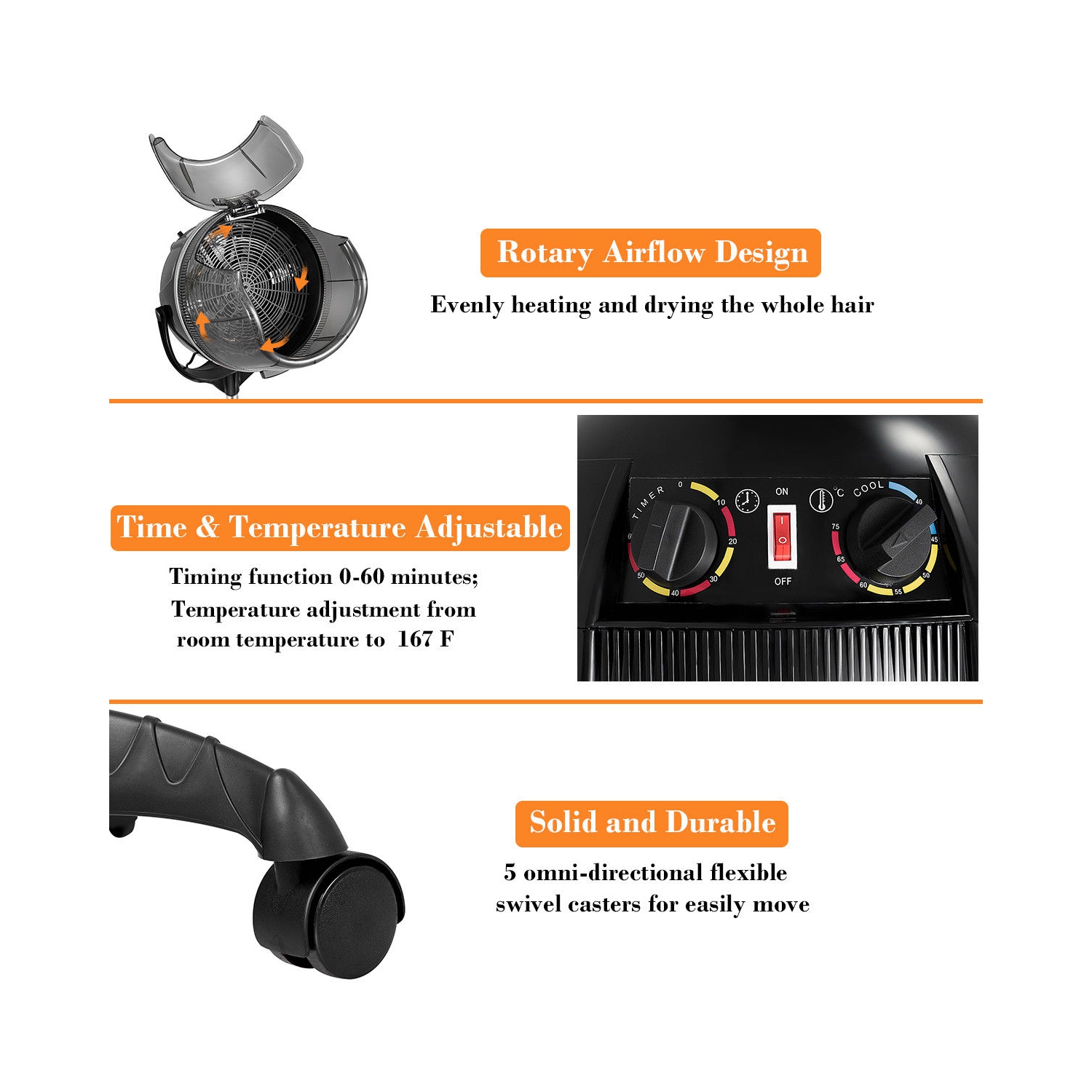 Cosway – Rouleau de base roulante pour cheveux de plancher de capot relevé réglable, séchoir à cheveux à coiffe de plancher