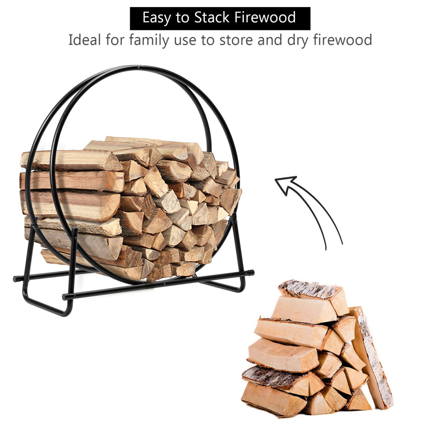 Gymax 30'' Tubular Steel Log Hoop Firewood Storage Rack Holder Round Display