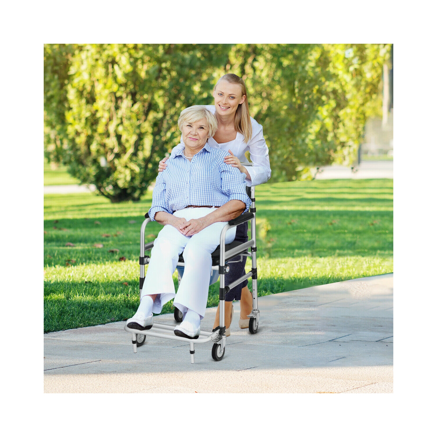 Gymax 2-in-1 Aluminum Commode/Shower Wheelchair w/ Locking Casters Adjustable Height