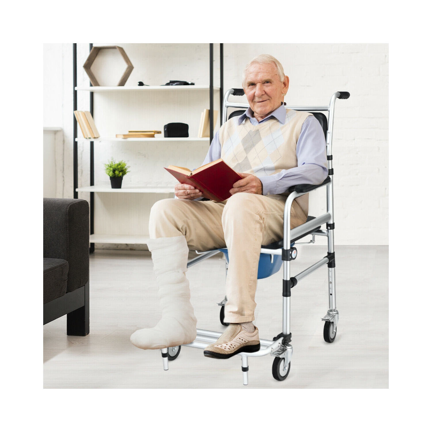 Gymax 2-in-1 Aluminum Commode/Shower Wheelchair w/ Locking Casters Adjustable Height