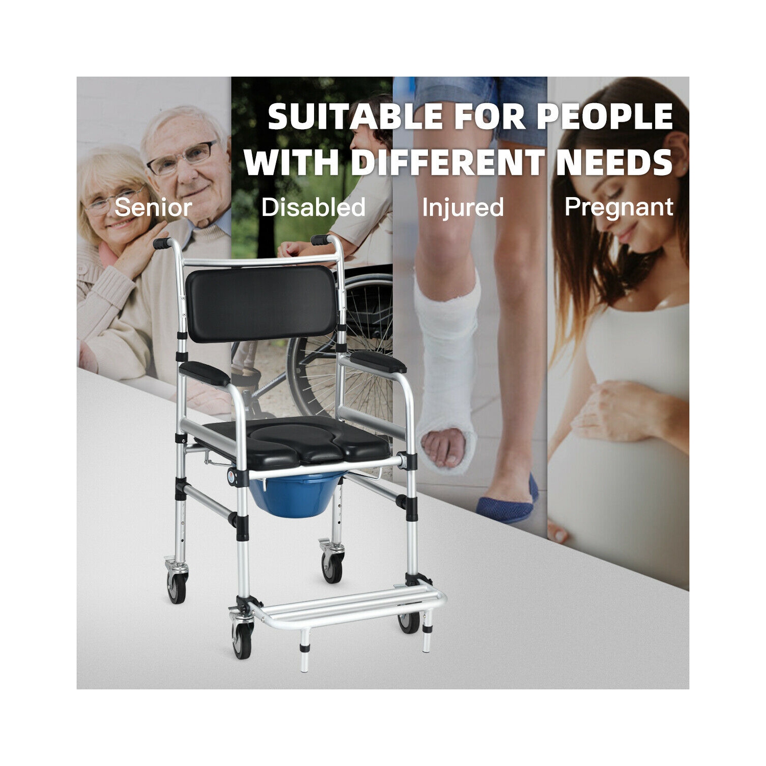 Gymax 2-in-1 Aluminum Commode/Shower Wheelchair w/ Locking Casters Adjustable Height