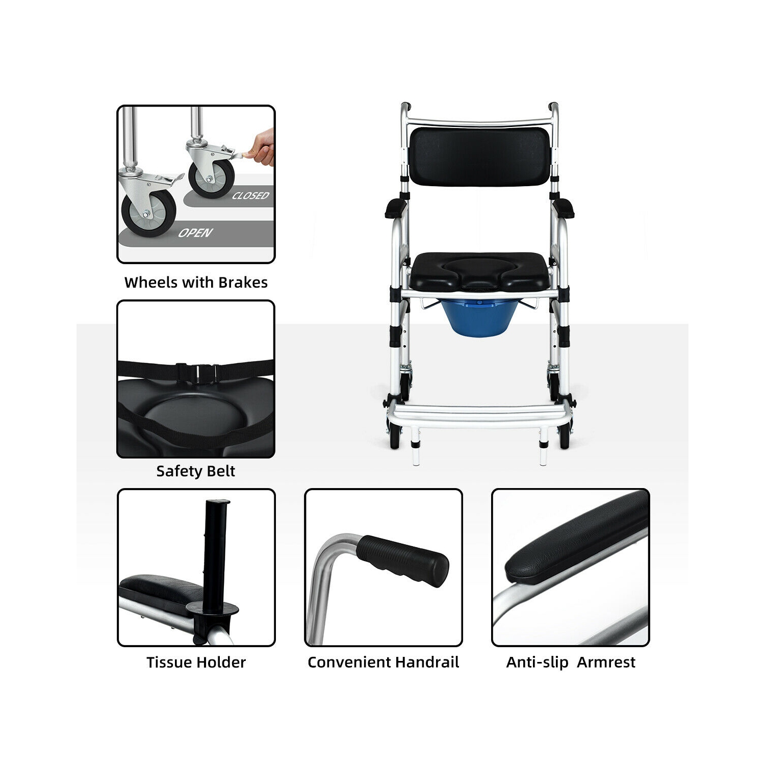 Gymax 2-in-1 Aluminum Commode/Shower Wheelchair w/ Locking Casters Adjustable Height