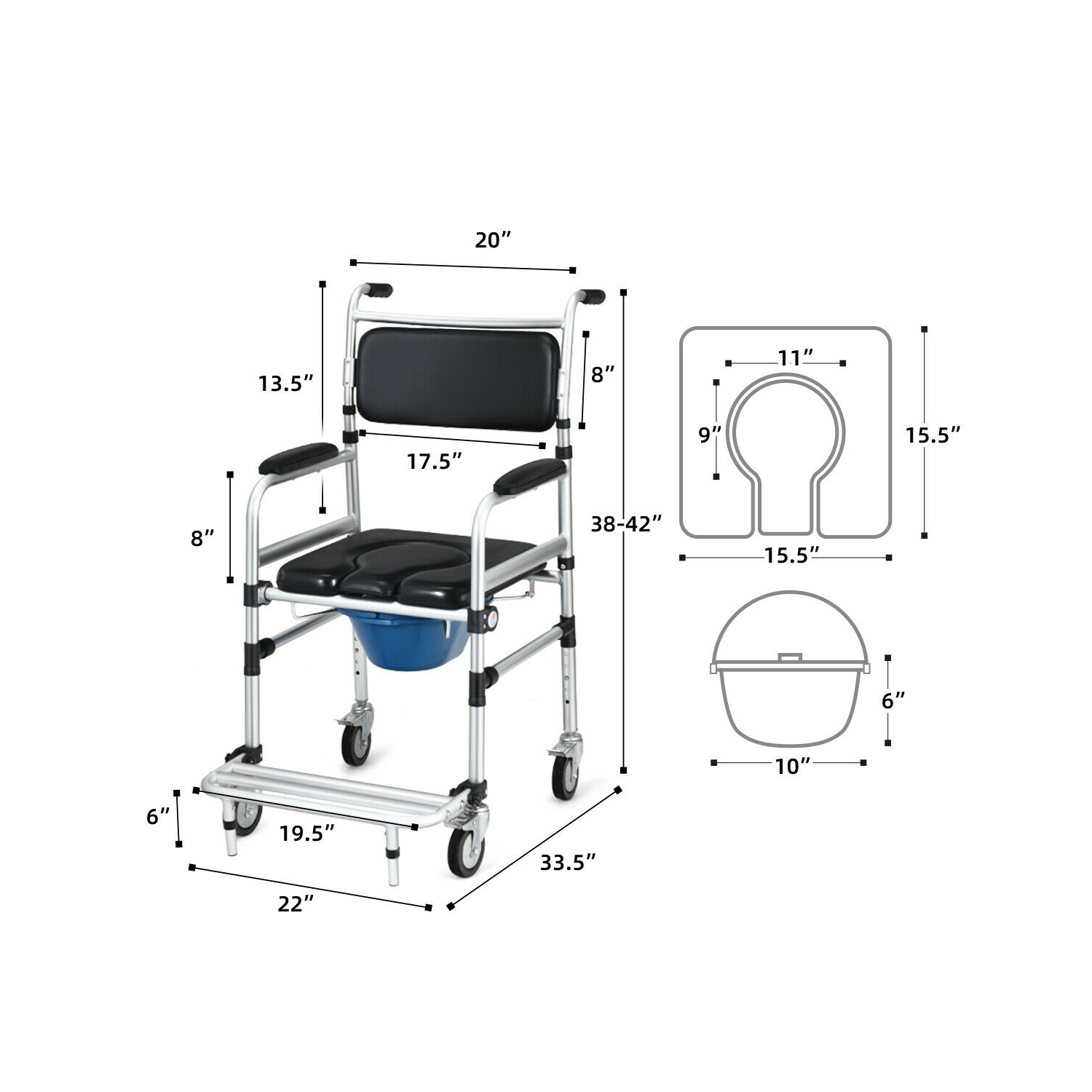 Gymax 2-in-1 Aluminum Commode/Shower Wheelchair w/ Locking Casters Adjustable Height