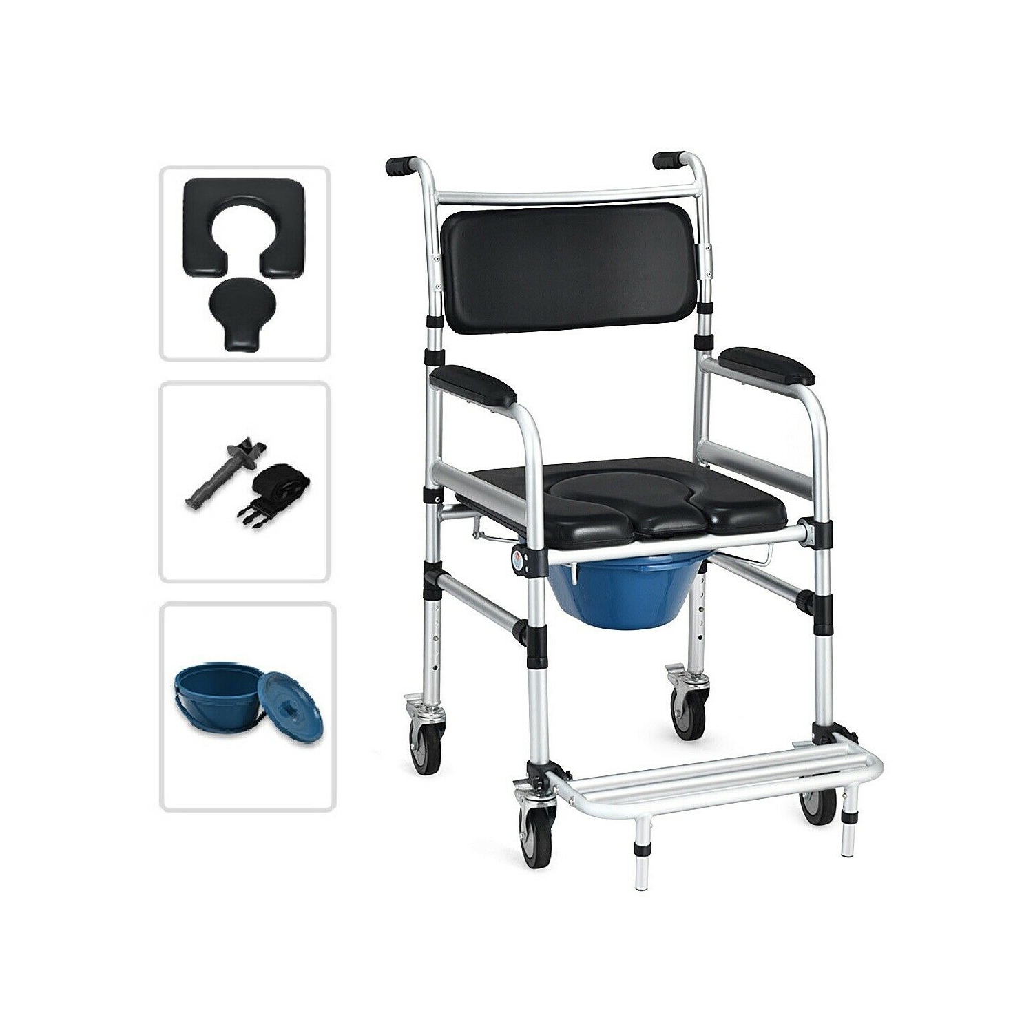 Gymax 2-in-1 Aluminum Commode/Shower Wheelchair w/ Locking Casters Adjustable Height