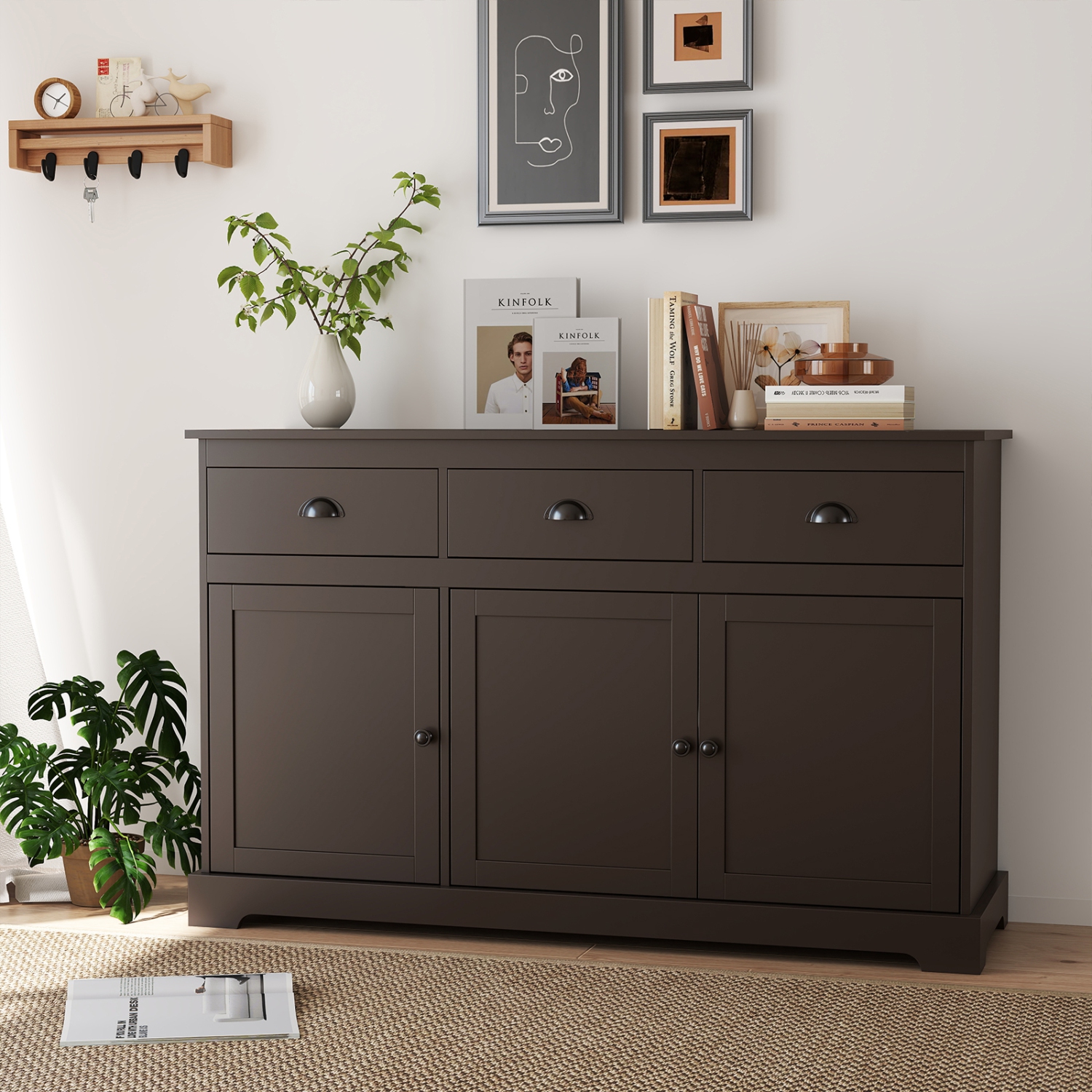 Gymax Modern Buffet Sideboard 53.5'' Storage Cabinet w/ 3 Drawers 3 Doors Brown