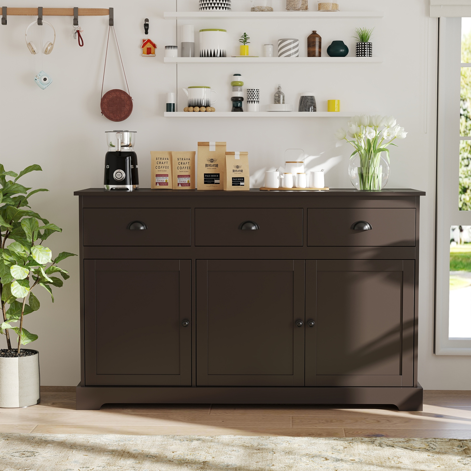 Gymax Modern Buffet Sideboard 53.5'' Storage Cabinet w/ 3 Drawers 3 Doors Brown