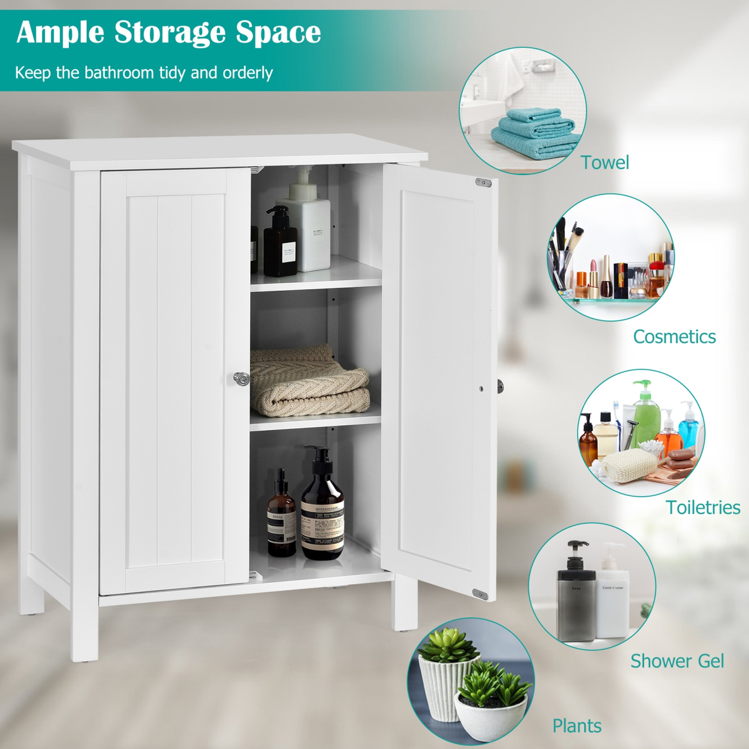 Gymax 2-Door Bathroom Floor Storage Cabinet Space Saver Organizer w/ Adjustable Shelf
