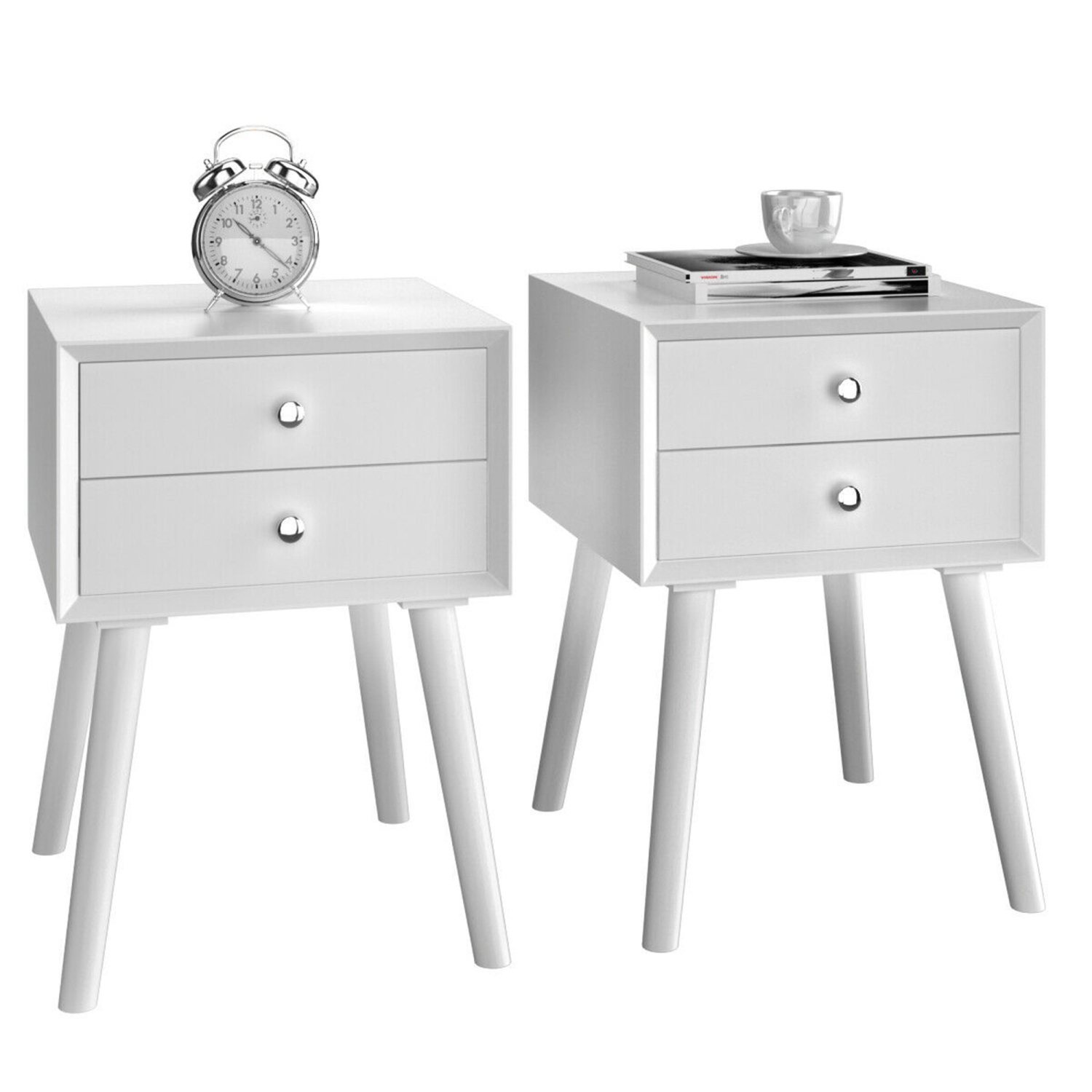 Gymax 2PCS Wooden Nightstand Mid-Century End Side Table W/2 Storage Drawers White