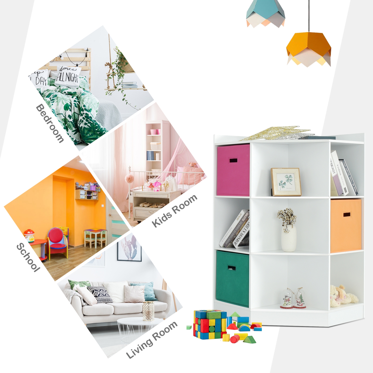 Gymax 3-Tier Kids Storage Shelf Cubes w/3 Baskets Corner Cabinet Organizer White