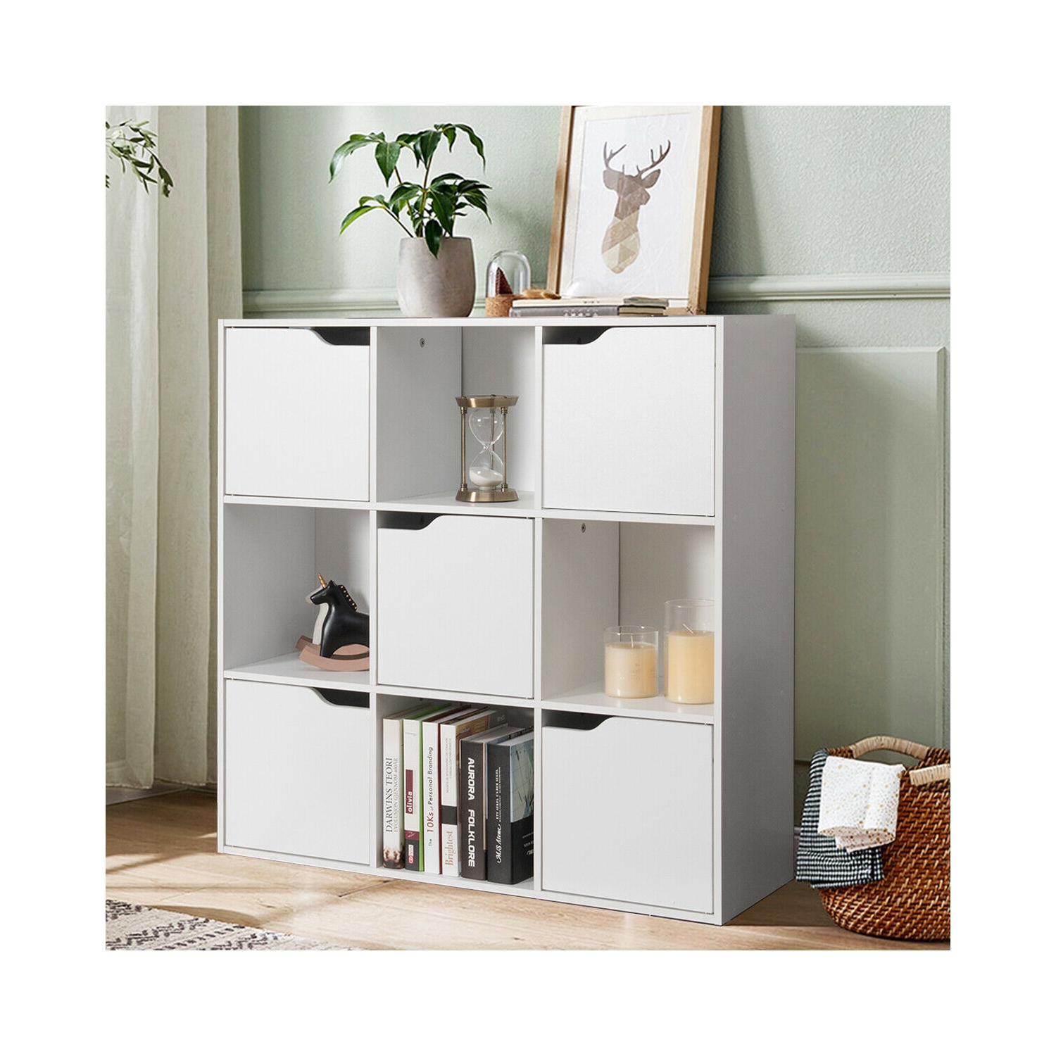 Gymax 9 Cube Bookcase Cabinet Wood Bookcase Storage Shelves Room Divider Organization