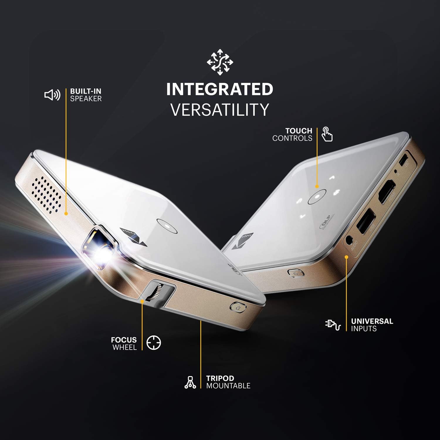 KODAK Luma 150 Mini Pocket Projector - 1080P, Wireless, Rechargeable Battery & Speaker, White/Gold