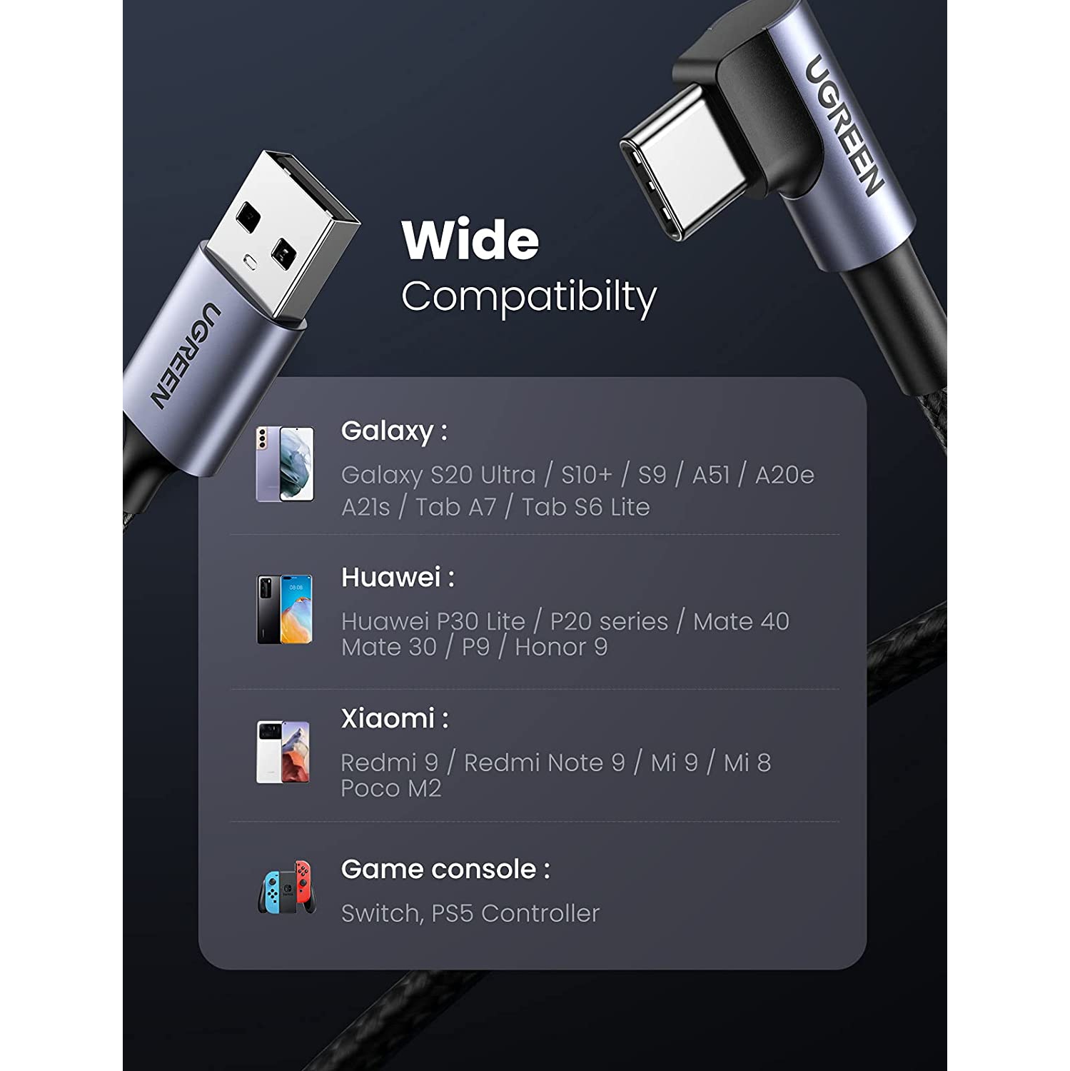 Câble USB-C Câble de chargement rapide USB-C à angle droit de 90 degrés câble USB à USB-C tressé en nylon compatible avec la manette PS5, Samsung