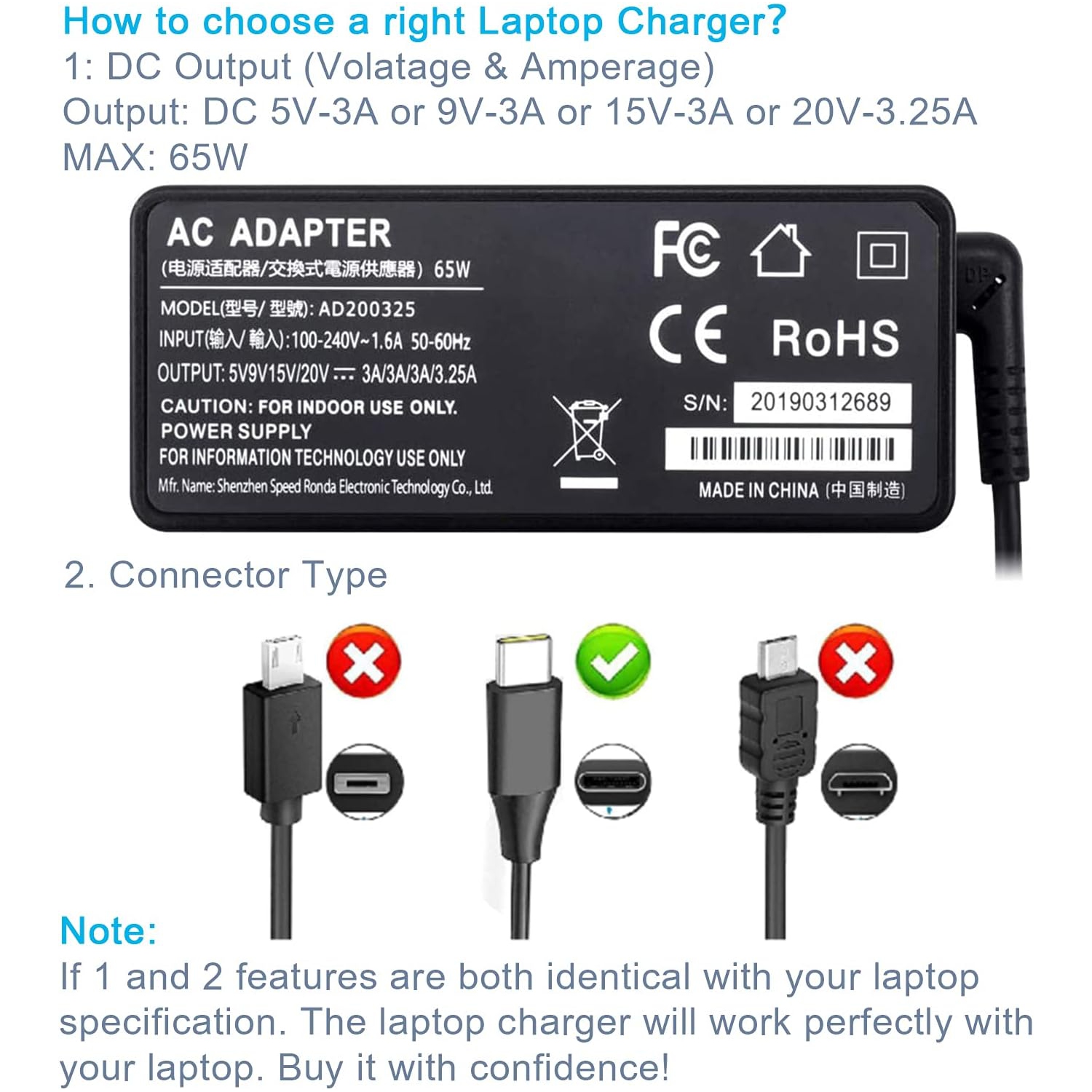 65W USB C Laptop Charger Fit for Lenovo Thinkpad T470 T480 T570 T580 P51s P52s E485 E580 E585 L480 L580 A485 X270 X380；Yoga C930 S730 720 730 910 920