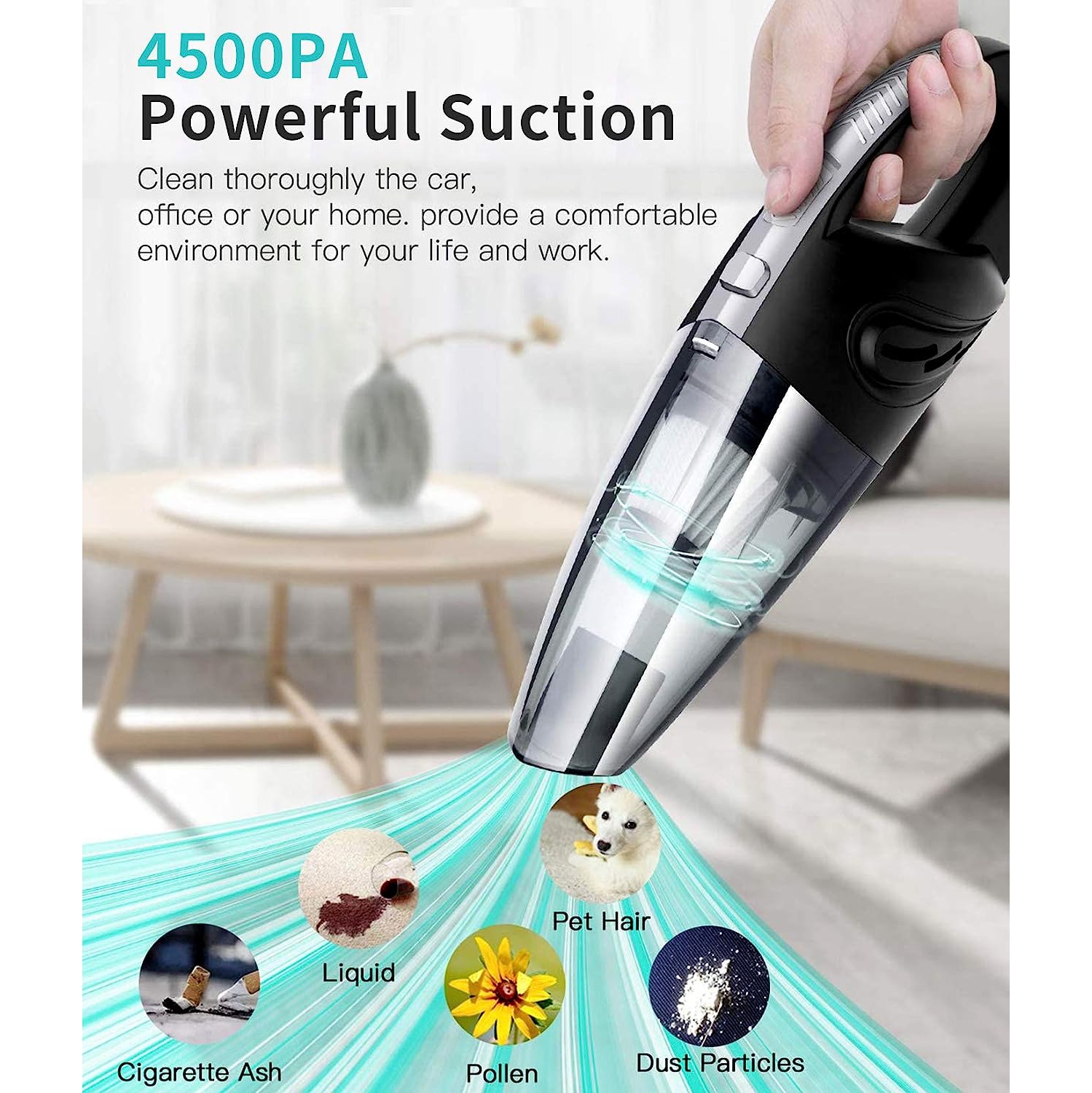 Aspirateur à main sans fil, Mini aspirateur portatif pour voiture à sec, 120&nbsp;W d'aspiration PUISSANTE rechargeable pour les poils d'animaux,