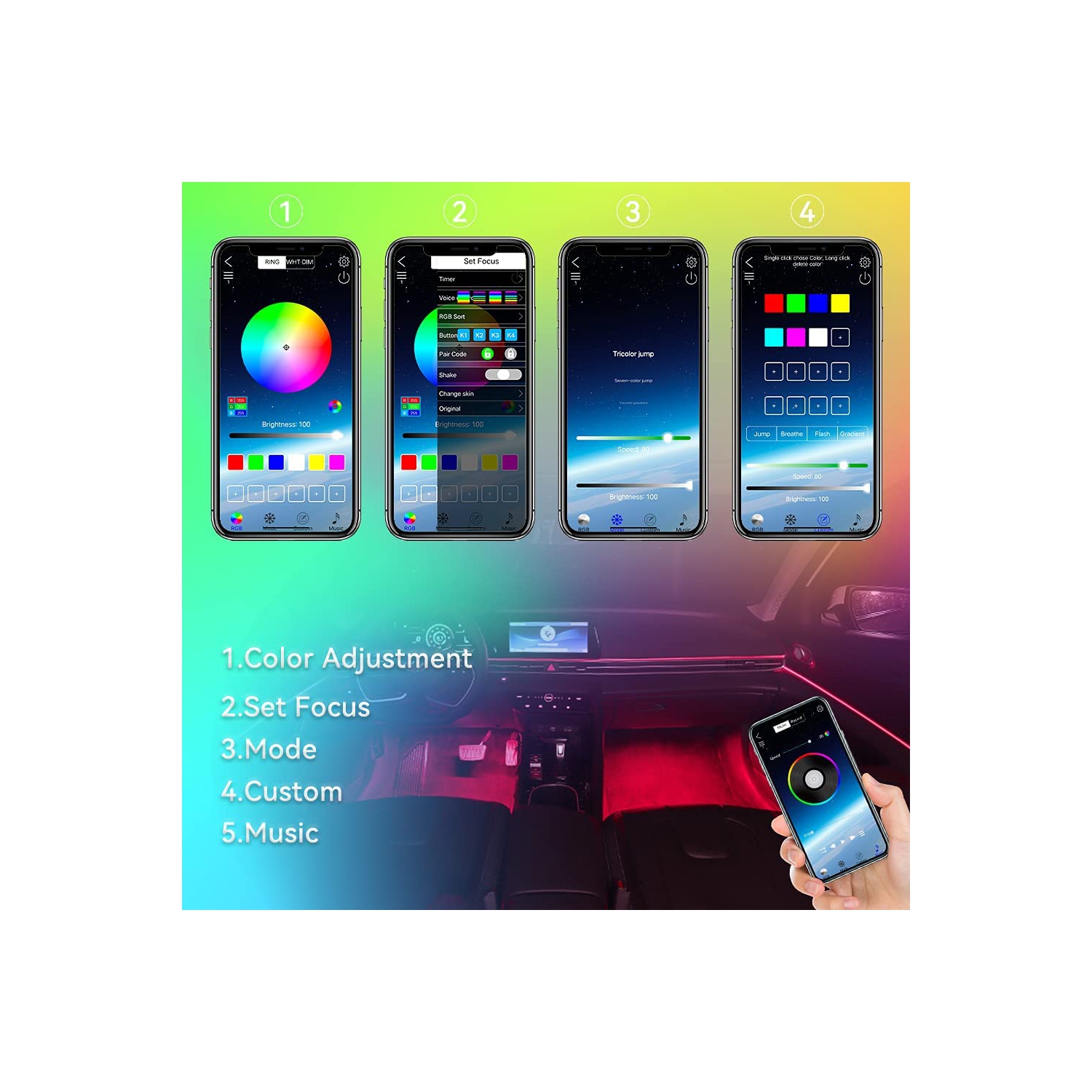 Éclairage intérieur à DEL pour l’auto, éclairage intérieur commandé par application avec port USB, Sync musique lumières multicolores pour l’auto