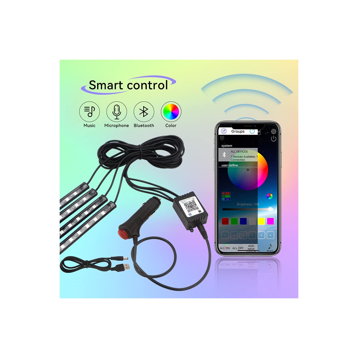 Éclairage intérieur à DEL pour l’auto, éclairage intérieur commandé par application avec port USB, Sync musique lumières multicolores pour l’auto