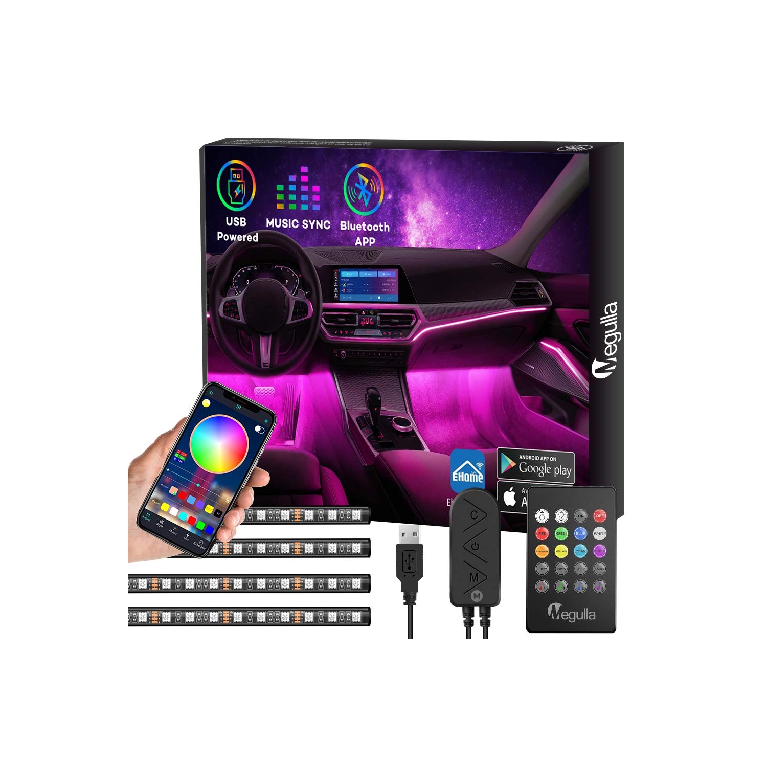 Interior Car Lights with Bluetooth App Control, Megulla 4PC Underdash Lighting Kits with Remote and Color Changing, USB RGB