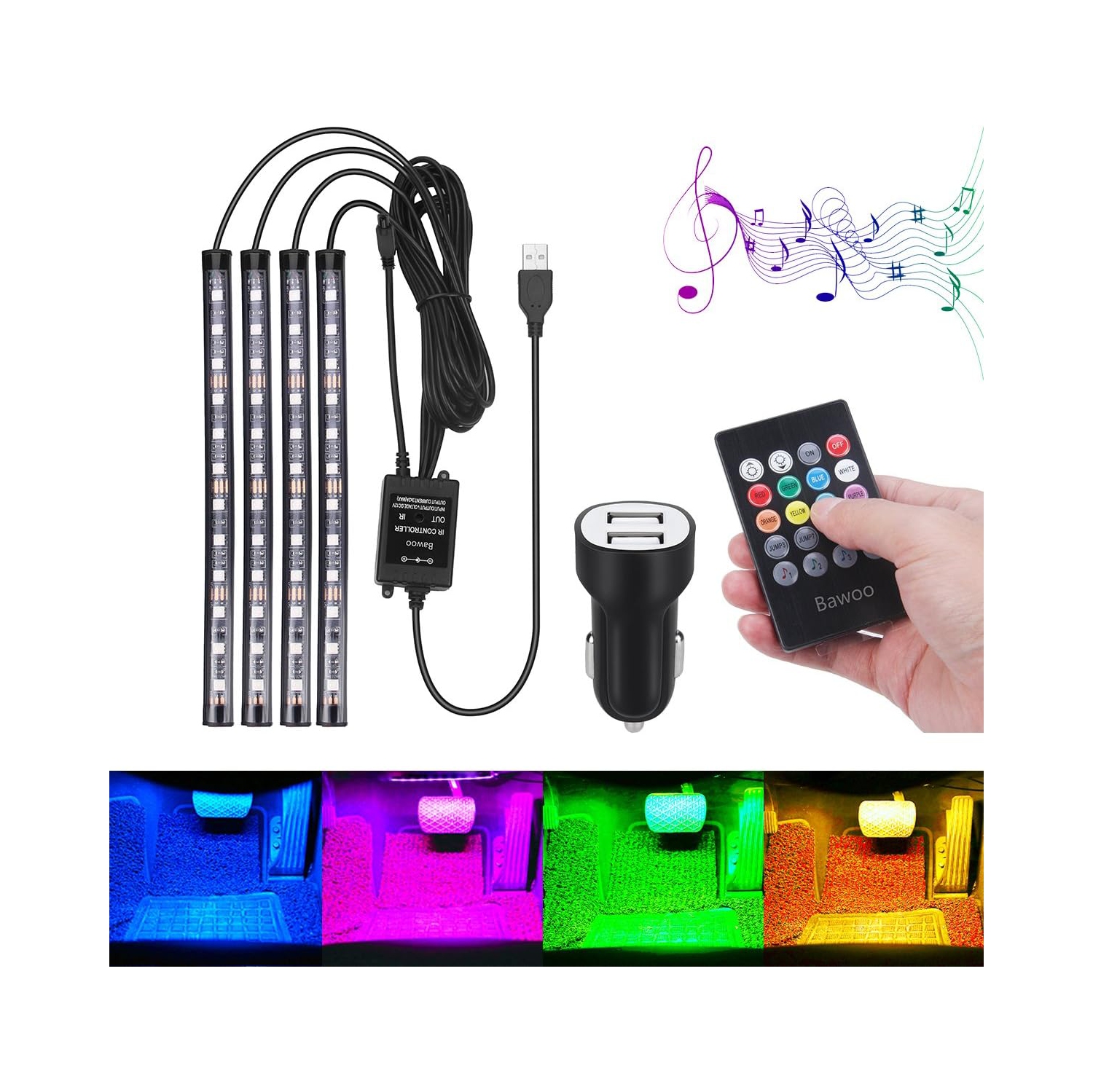 Éclairage DEL pour l'auto, éclairage intérieur pour l'auto, télécommande, 48 bandes lumineuses USB pour l'auto, musique multicolore sous le tableau