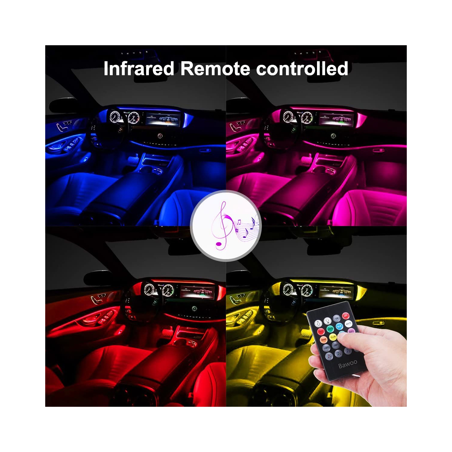 Éclairage DEL pour l'auto, éclairage intérieur pour l'auto, télécommande, 48 bandes lumineuses USB pour l'auto, musique multicolore sous le tableau