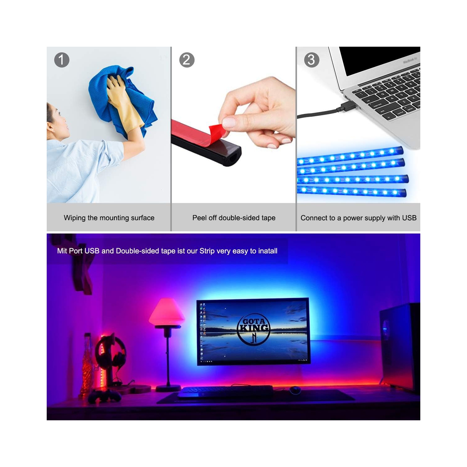 Éclairage DEL pour l'auto, éclairage intérieur pour l'auto, télécommande, 48 bandes lumineuses USB pour l'auto, musique multicolore sous le tableau