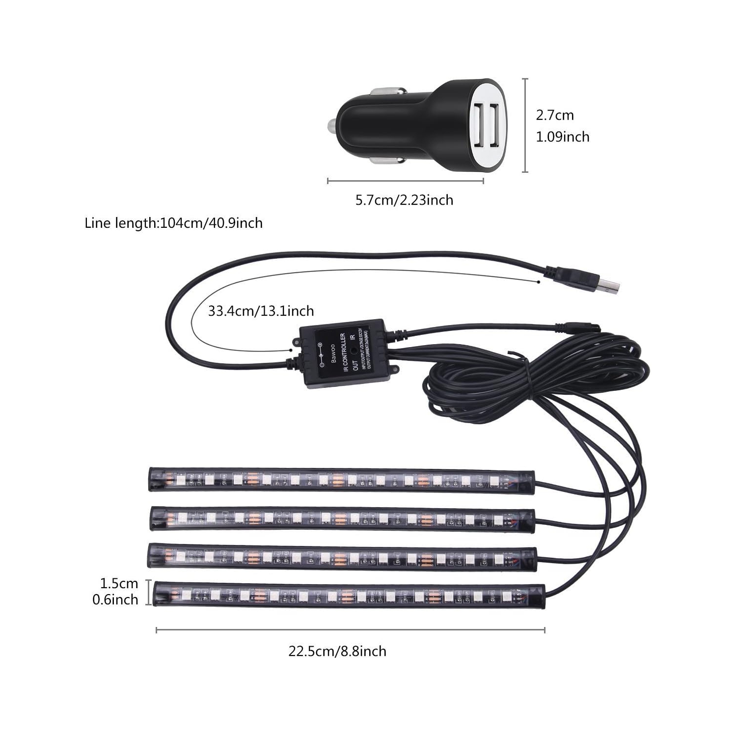 Éclairage DEL pour l'auto, éclairage intérieur pour l'auto, télécommande, 48 bandes lumineuses USB pour l'auto, musique multicolore sous le tableau