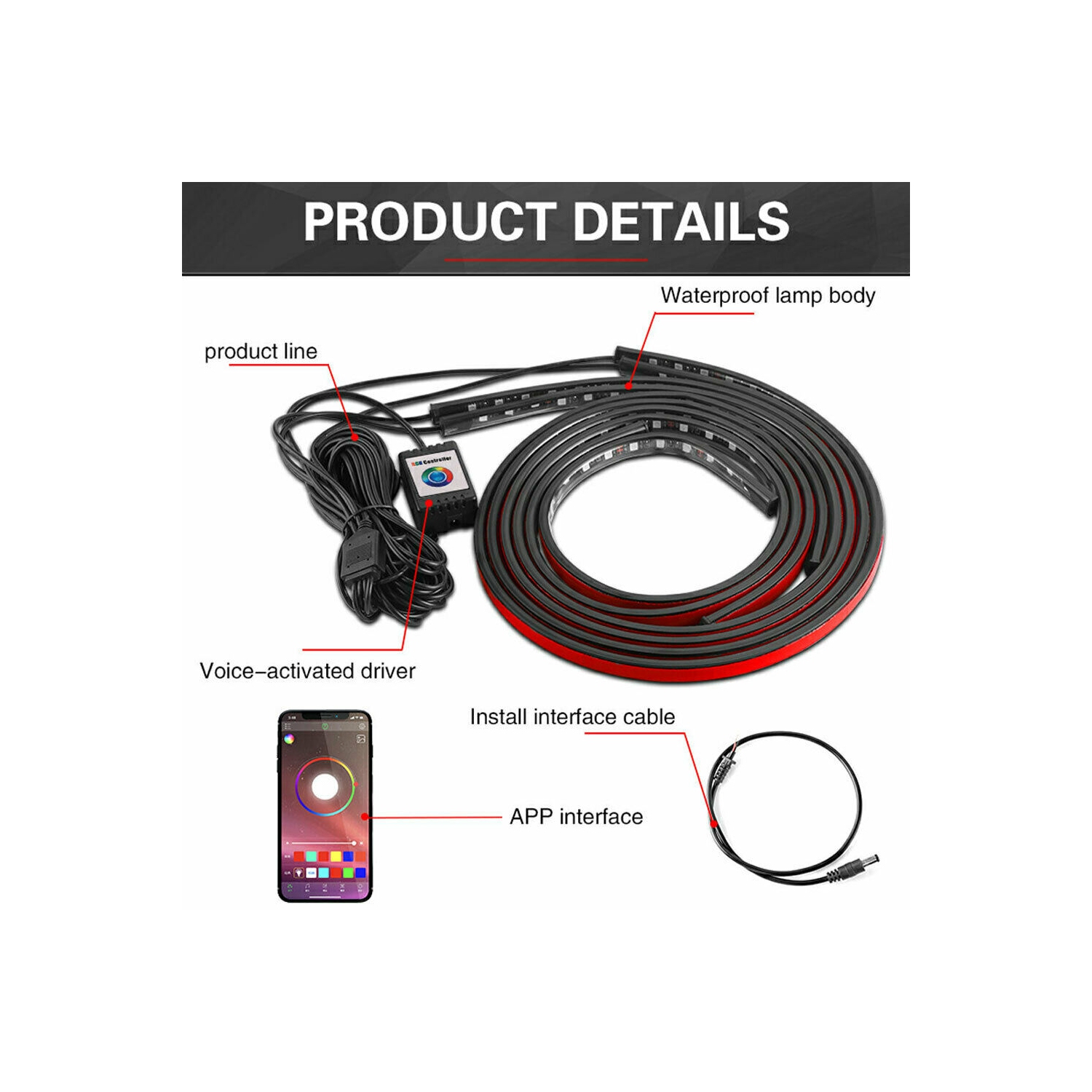 navor Underglow Ligts, Music Car LED Light Strips, Bluetooth App Control RGB Neon Strip Lights Kit with Sound Active Function