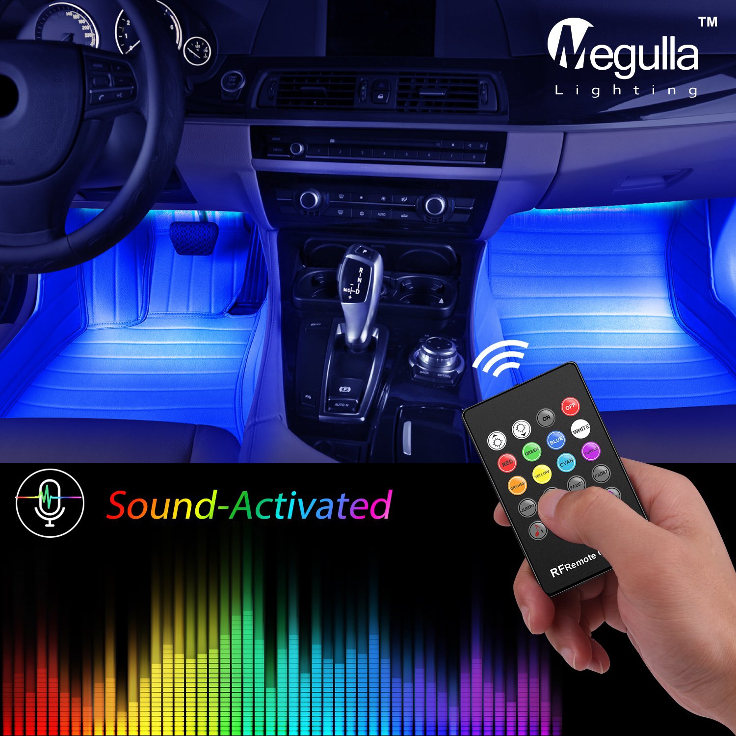 Underdash Lighting Kit, Megulla 4PC USB-Powered RGB Multi-Color LED Car Interior Lights with Sound Activation and Wireless R