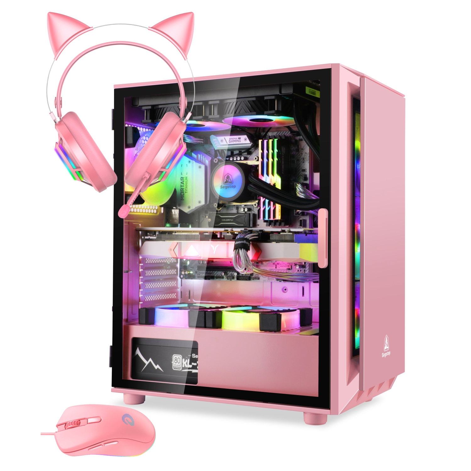 Segotep Gaming Case with Headset Gaming Mouse Combo Pink ATX Micro-ATX, MINI-ITX Mid Case USB3.0 Port, 1.0mm SPCC Steel Plate, Support Liquid Cooling