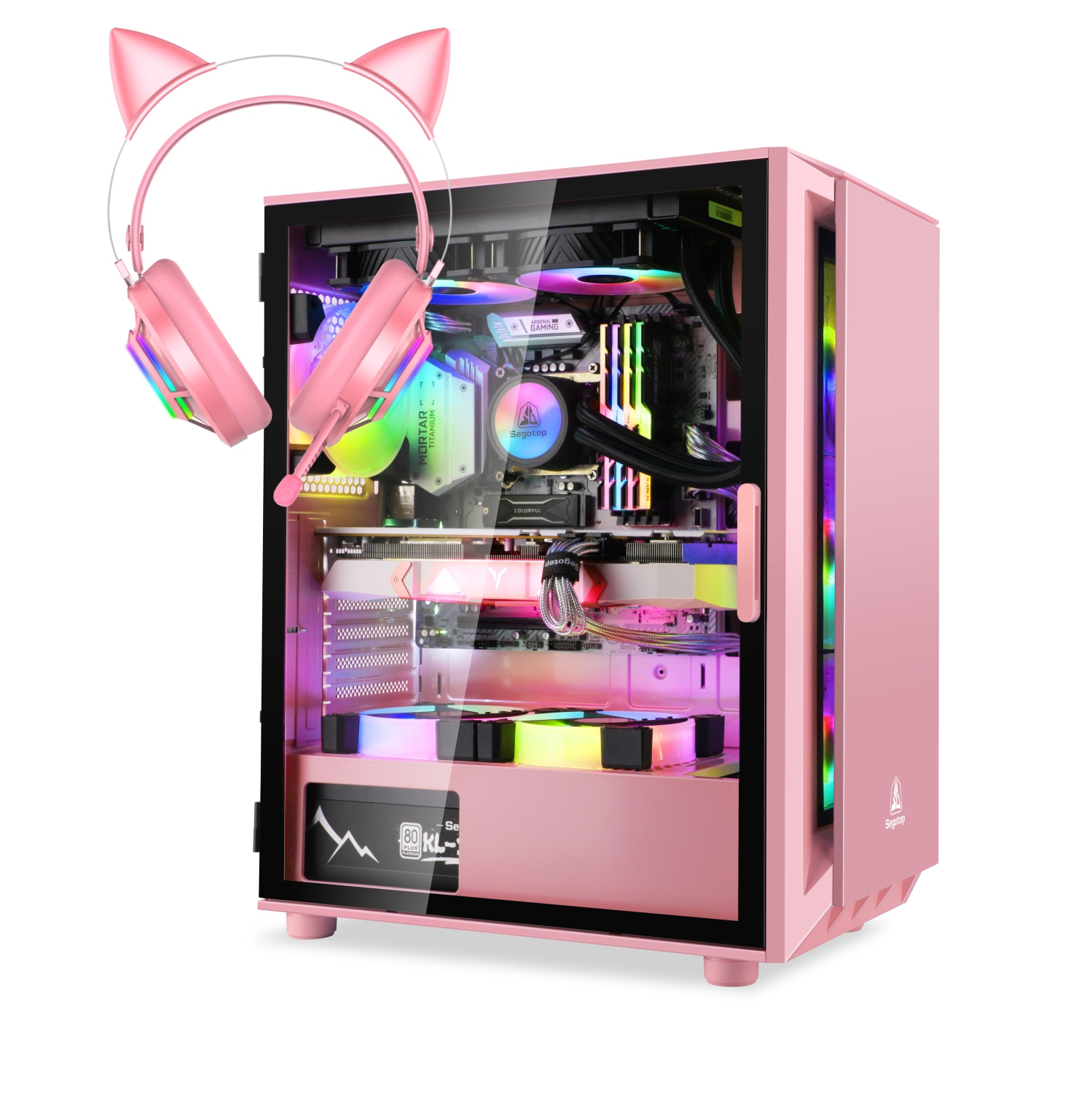 Segotep Gaming Case with Headset Gaming Mouse Combo Pink ATX Micro-ATX, MINI-ITX Mid Case USB3.0 Port, 1.0mm SPCC Steel Plate, Support Liquid Cooling