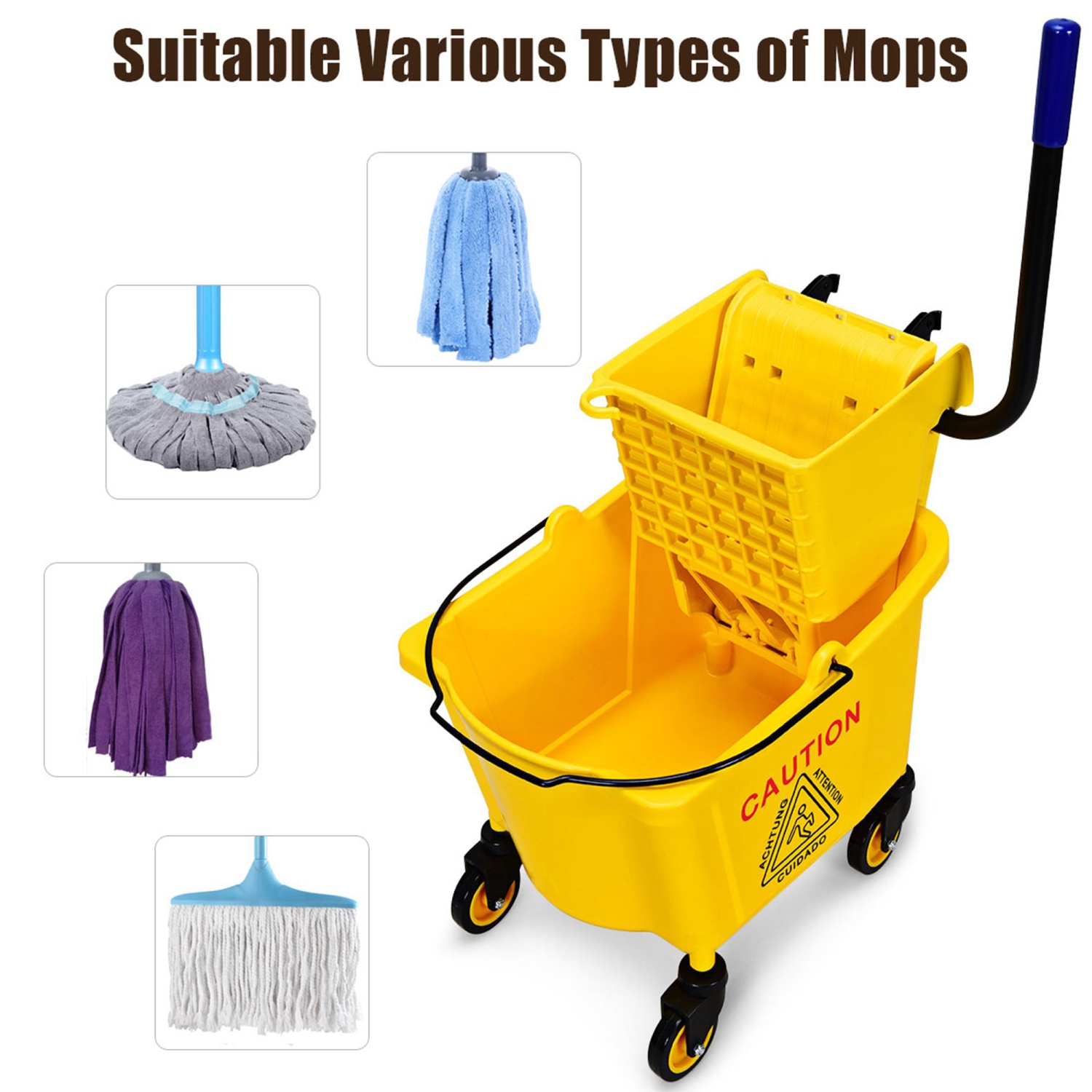 Costway Commercial Mop Bucket Side Press Wringer on Wheels Cleaning 26 Quart Yellow
