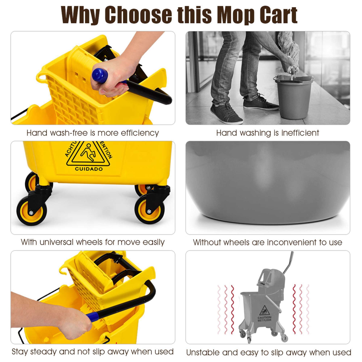 Costway Commercial Mop Bucket Side Press Wringer on Wheels Cleaning 26 Quart Yellow