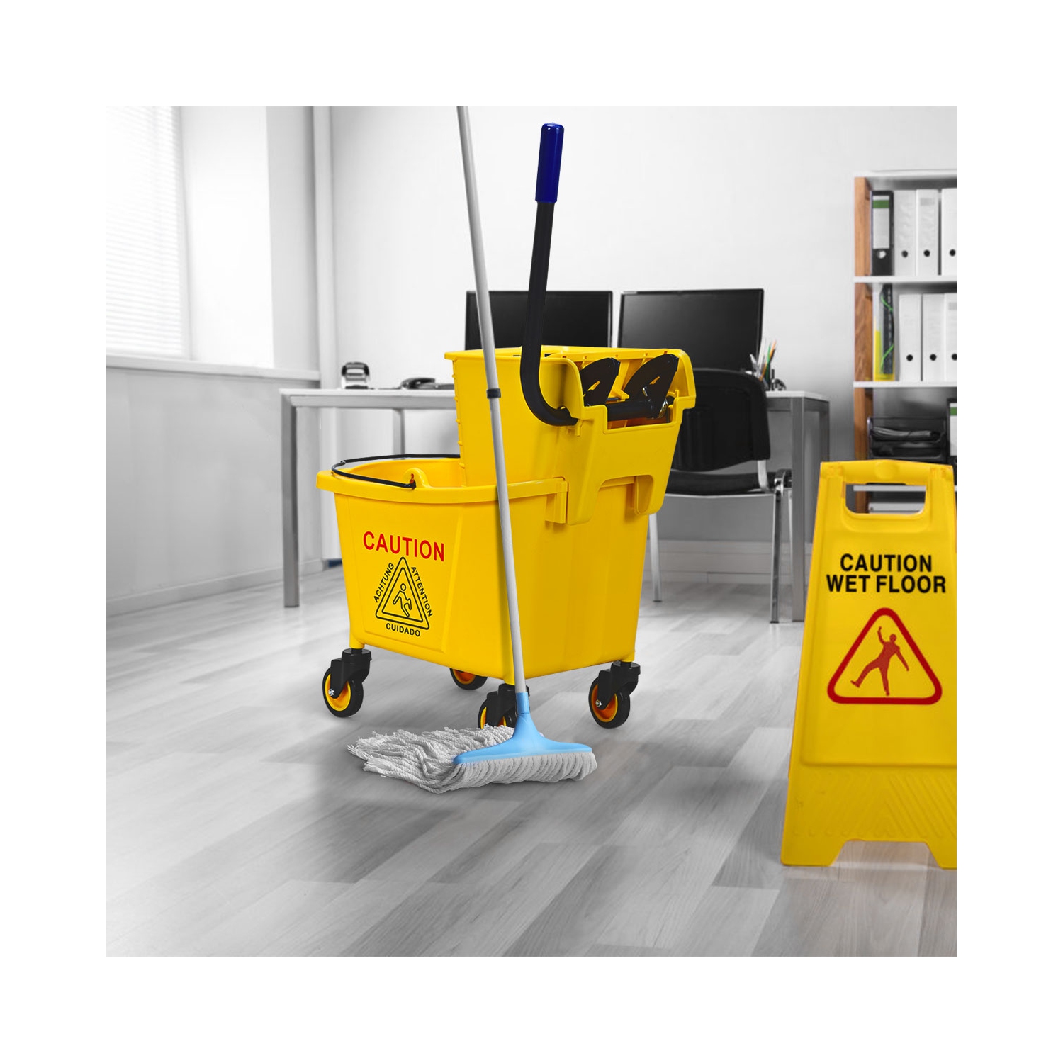 Costway Commercial Mop Bucket Side Press Wringer on Wheels Cleaning 26 Quart Yellow