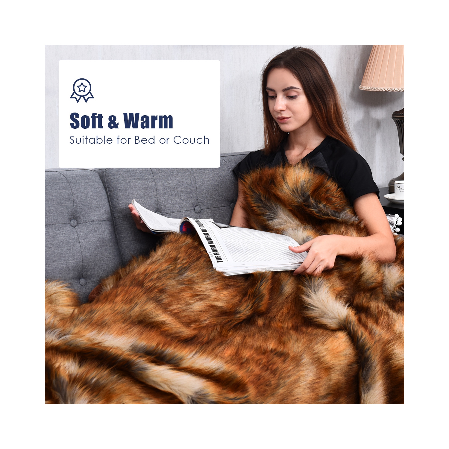 Costway Luxury Plush Faux Fur Throw Blanket Soft Warm Fluffy Bed Couch