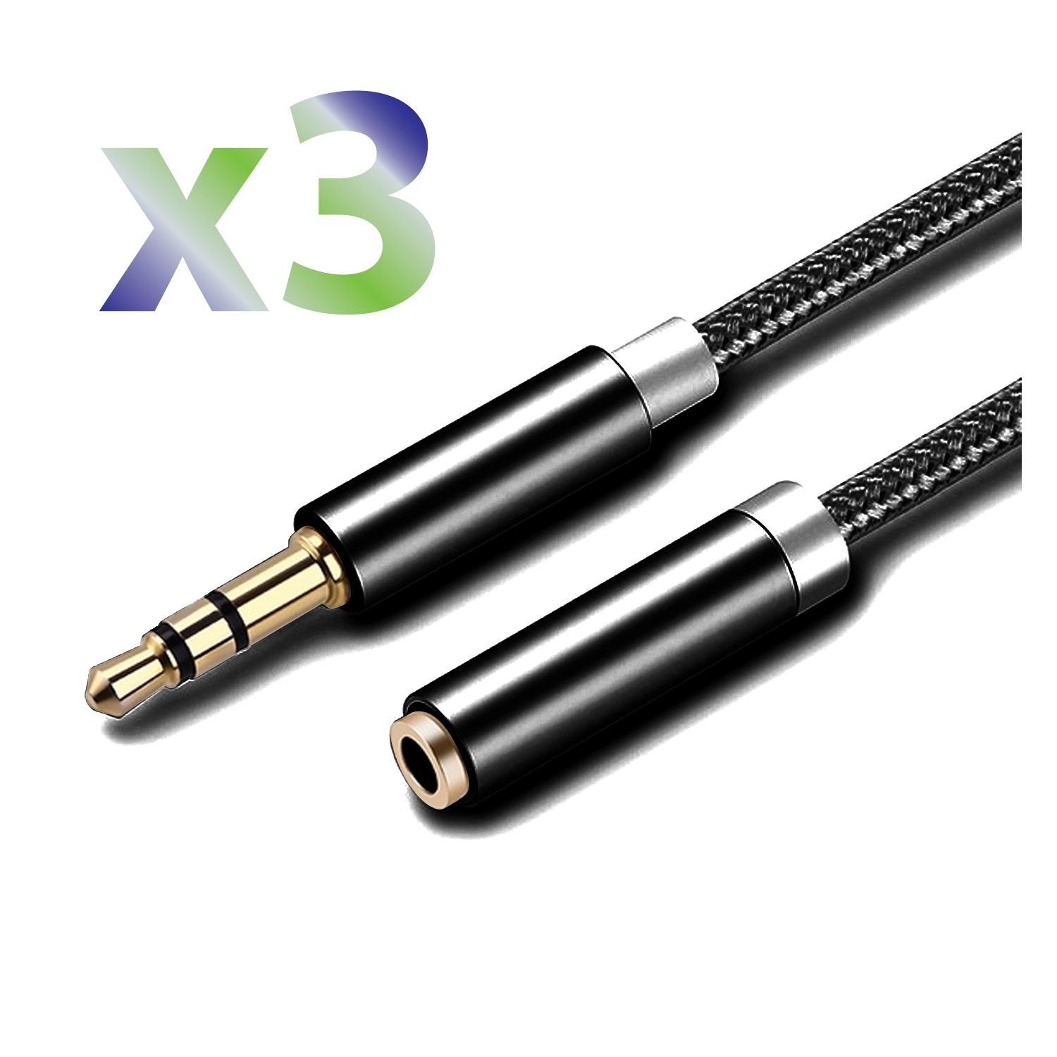 Câble tressé en nylon avec rallonge auxiliaire 3,5 mm d’Exian, 1 m, noir, 3/paquet