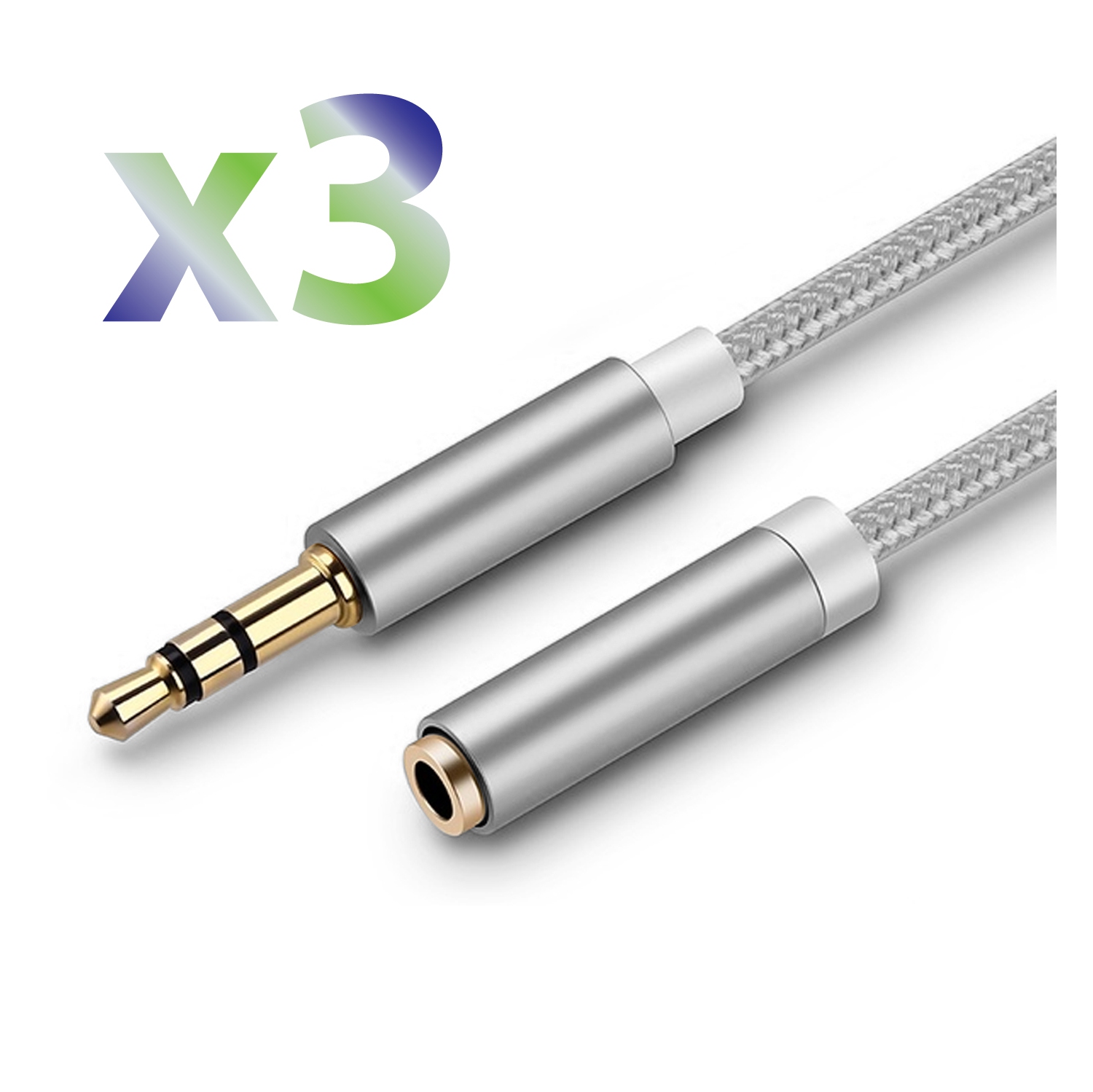 Câble tressé en nylon avec rallonge auxiliaire 3,5 mm d’Exian, 1 m, argenté, 3/paquet