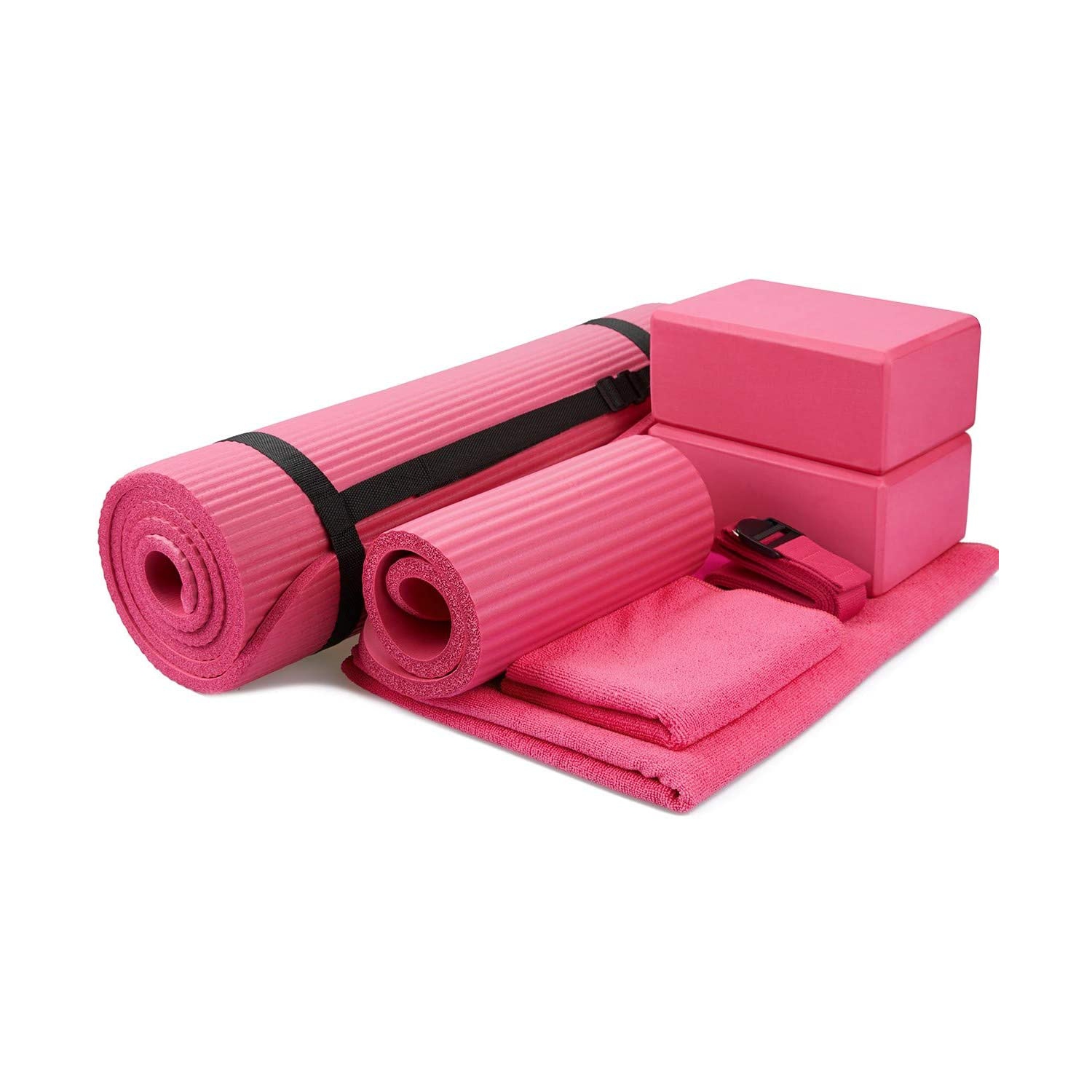 BalanceFrom GoYoga 7-Piece Set - Include Yoga Mat with Carrying Strap, 2 Yoga Blocks, Yoga Mat Towel, Yoga Hand Towel, Yoga Strap and Yoga Knee Pad