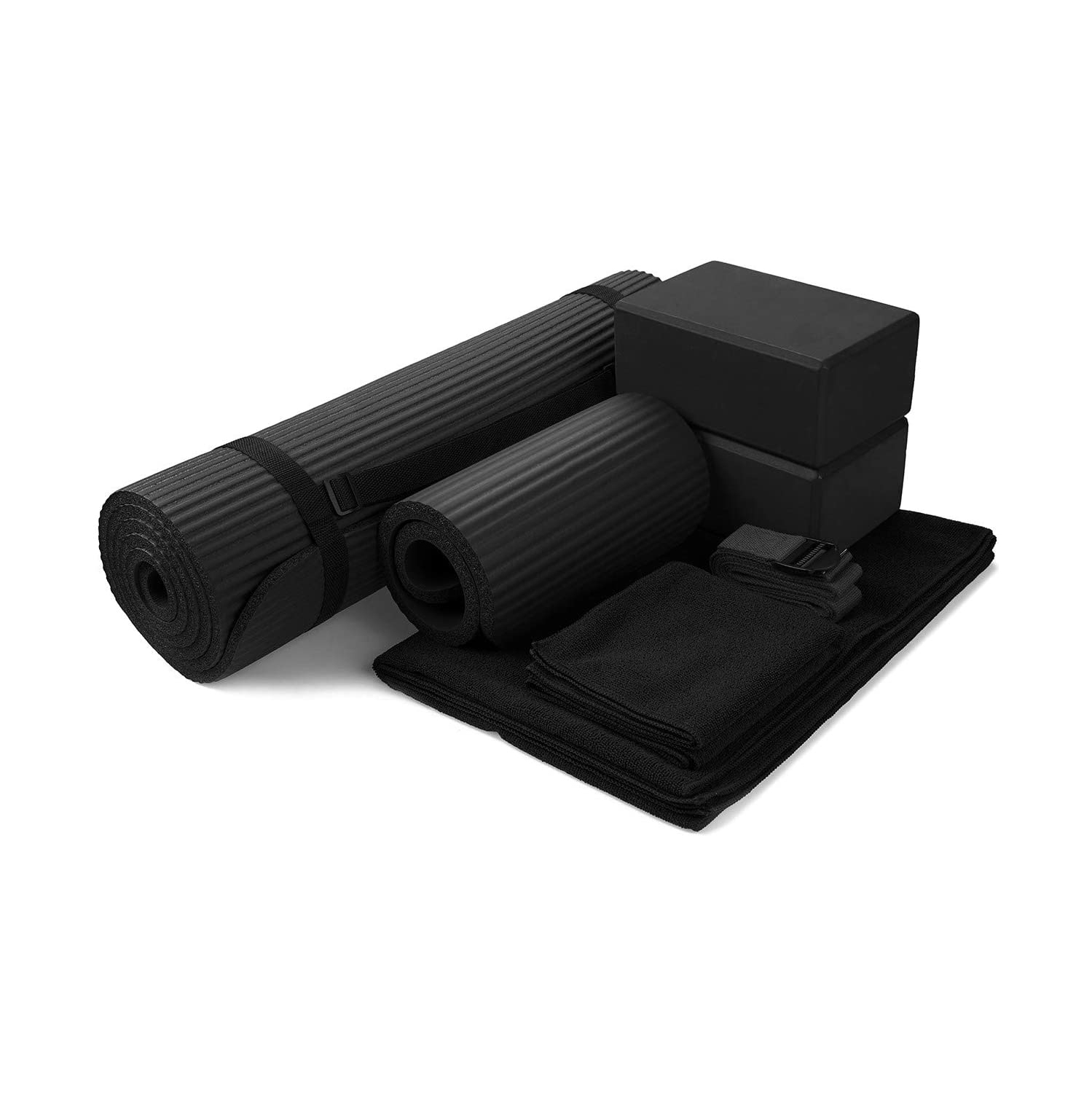 BalanceFrom GoYoga 7-Piece Set - Include Yoga Mat with Carrying Strap, 2 Yoga Blocks, Yoga Mat Towel, Yoga Hand Towel, Yoga Strap and Yoga Knee Pad