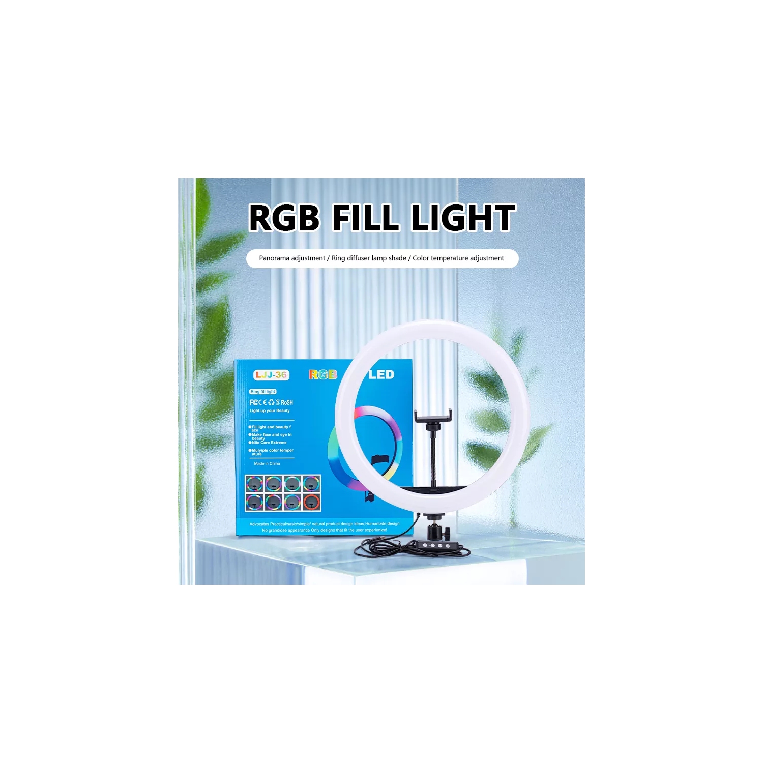 10” Selfie RGB Ring Light with Flexible Phone Holder. Bloggers Ring light for TikTok/YouTube/Live Stream/Makeup/Photography/Meetings - with control