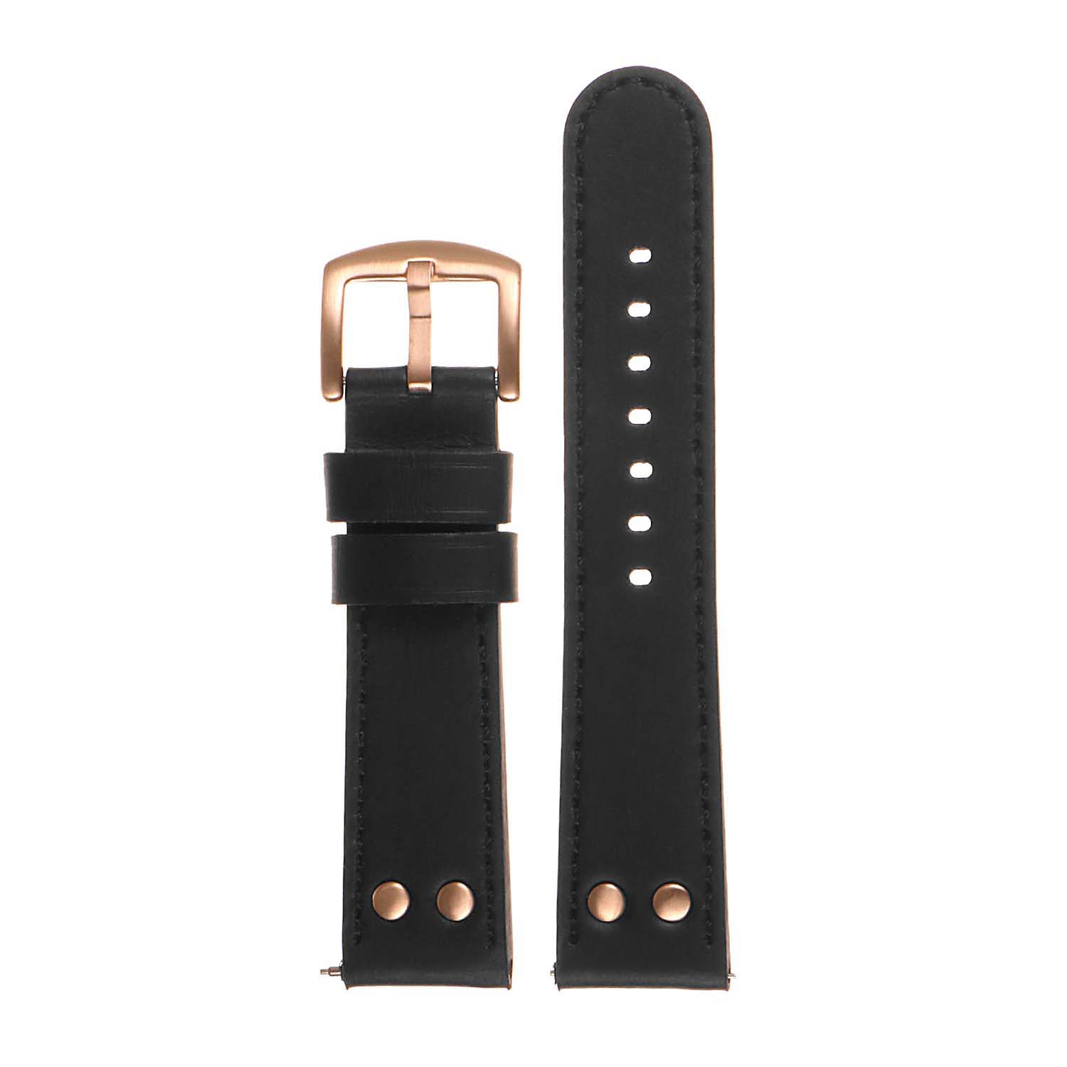 DASSARI Leather Pilot Watch Band Strap w/ Rivets Samsung Galaxy Watch 3 - 22mm - For 45mm Galaxy Watch3 - Black (Rose Gold Buckle)