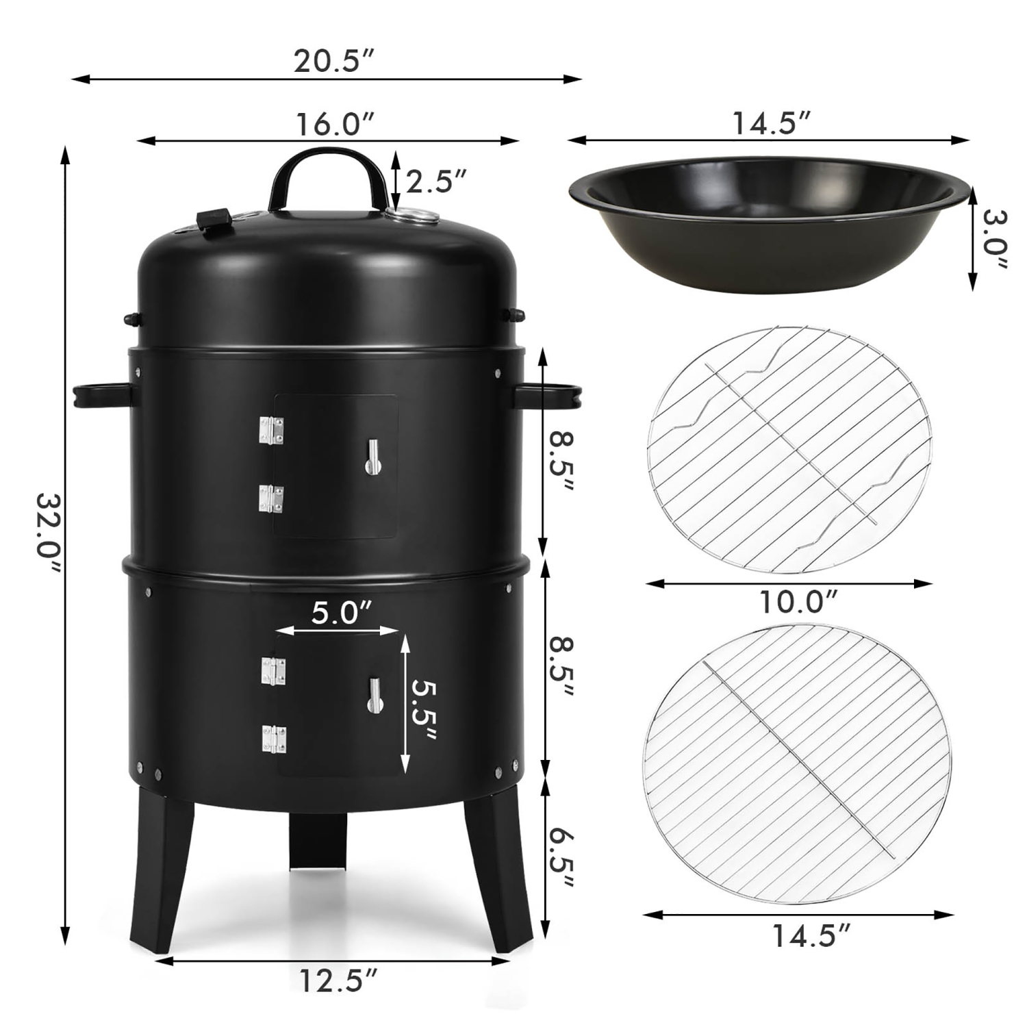 Costway 3-in-1 Portable Round Charcoal Smoker Vertical BBQ Grill Built-in Thermometer