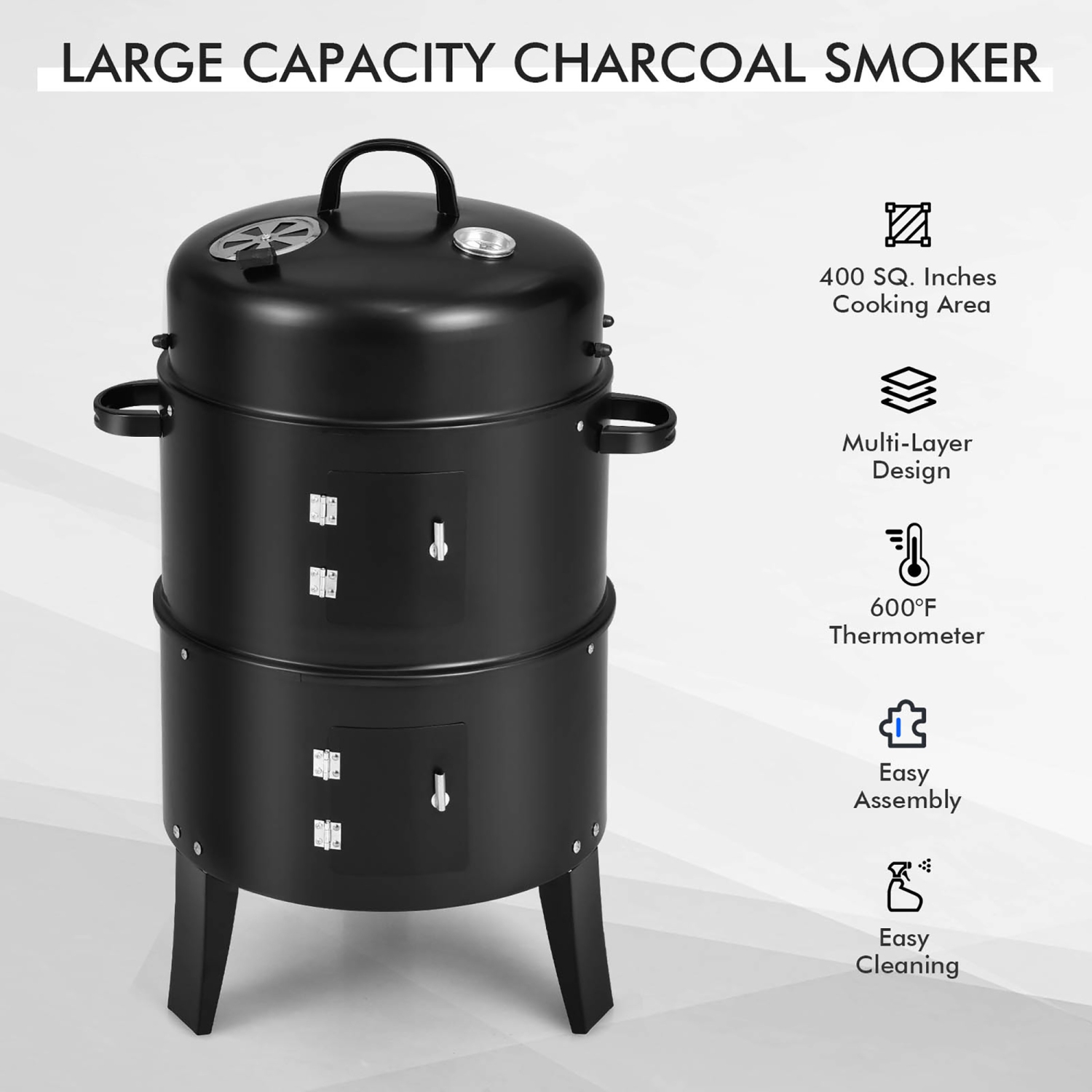 Costway 3-in-1 Portable Round Charcoal Smoker Vertical BBQ Grill Built-in Thermometer